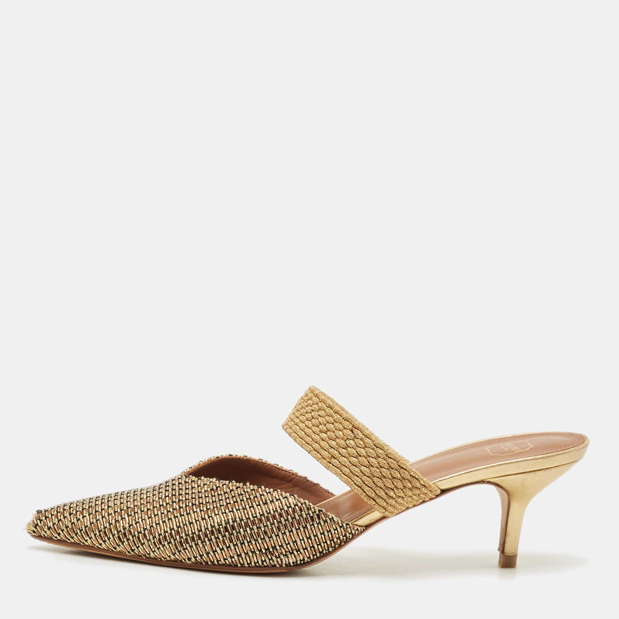 

Malone Souliers Beige/Gold Straw and Woven Fabric Maisie Mules Size