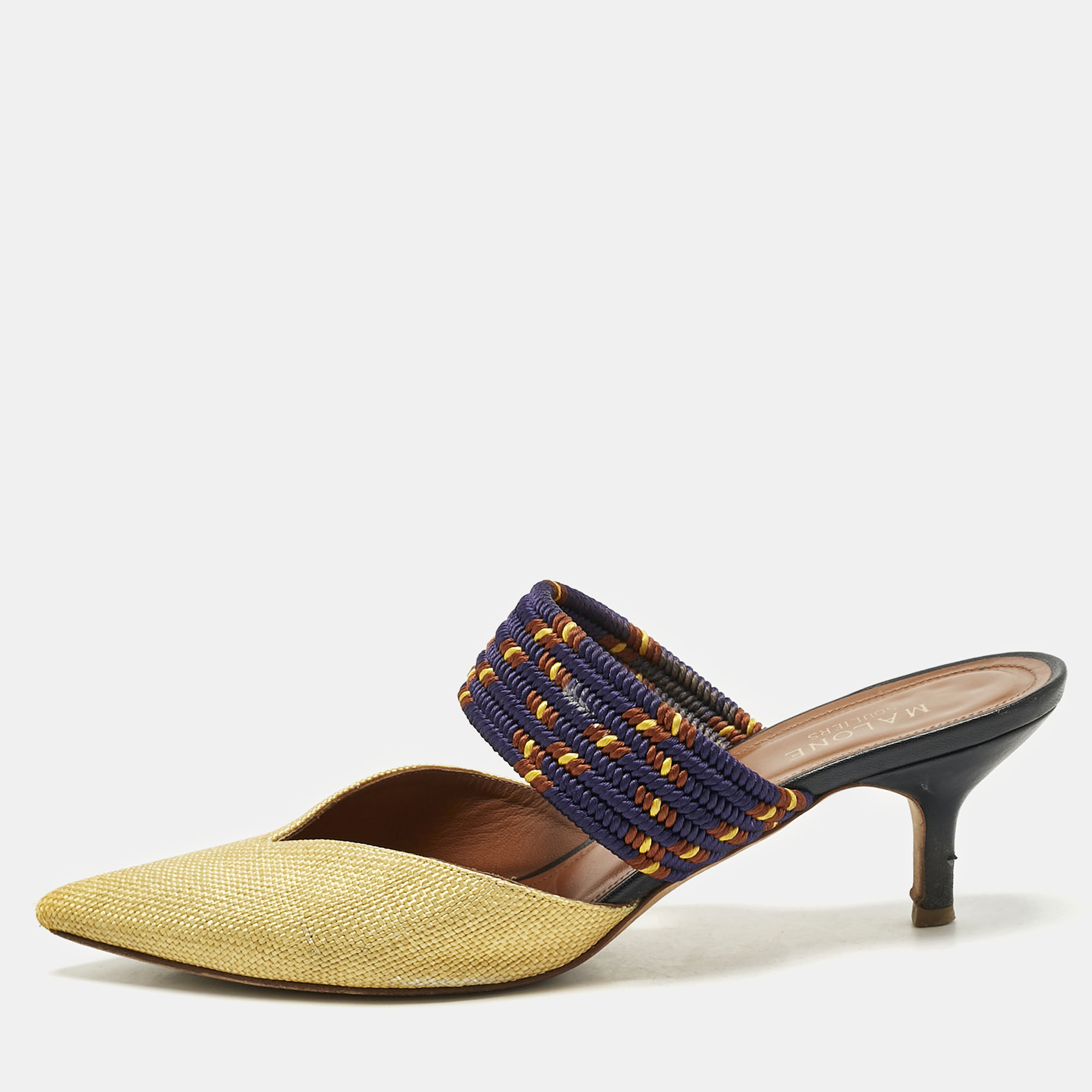 

Malone Souliers Yellow/Navy Blue Raffia and Cord Maisie Pointed Toe Mules Size