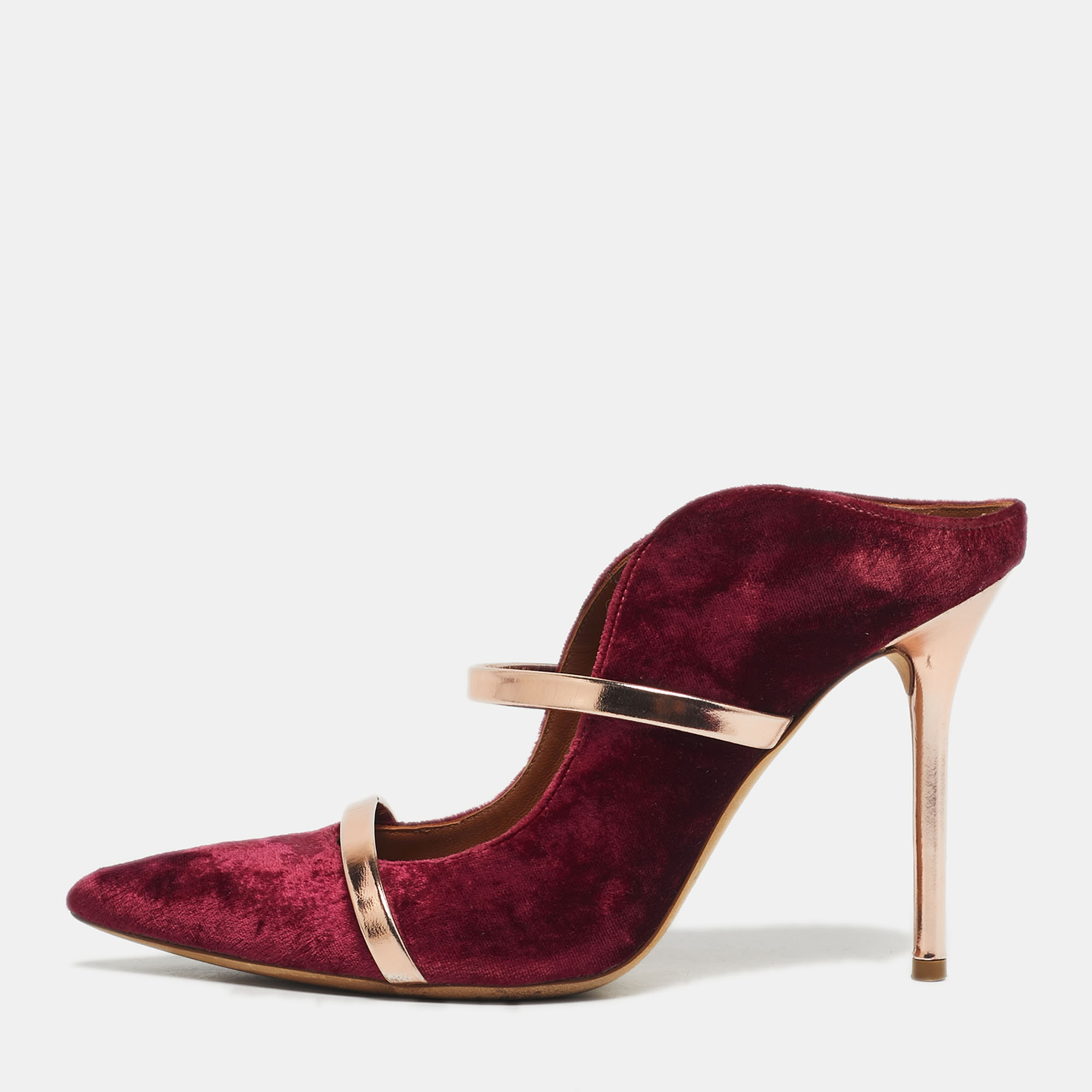 

Malone Souliers Gold/Burgundy Velvet and Leather Maureen Mules Size