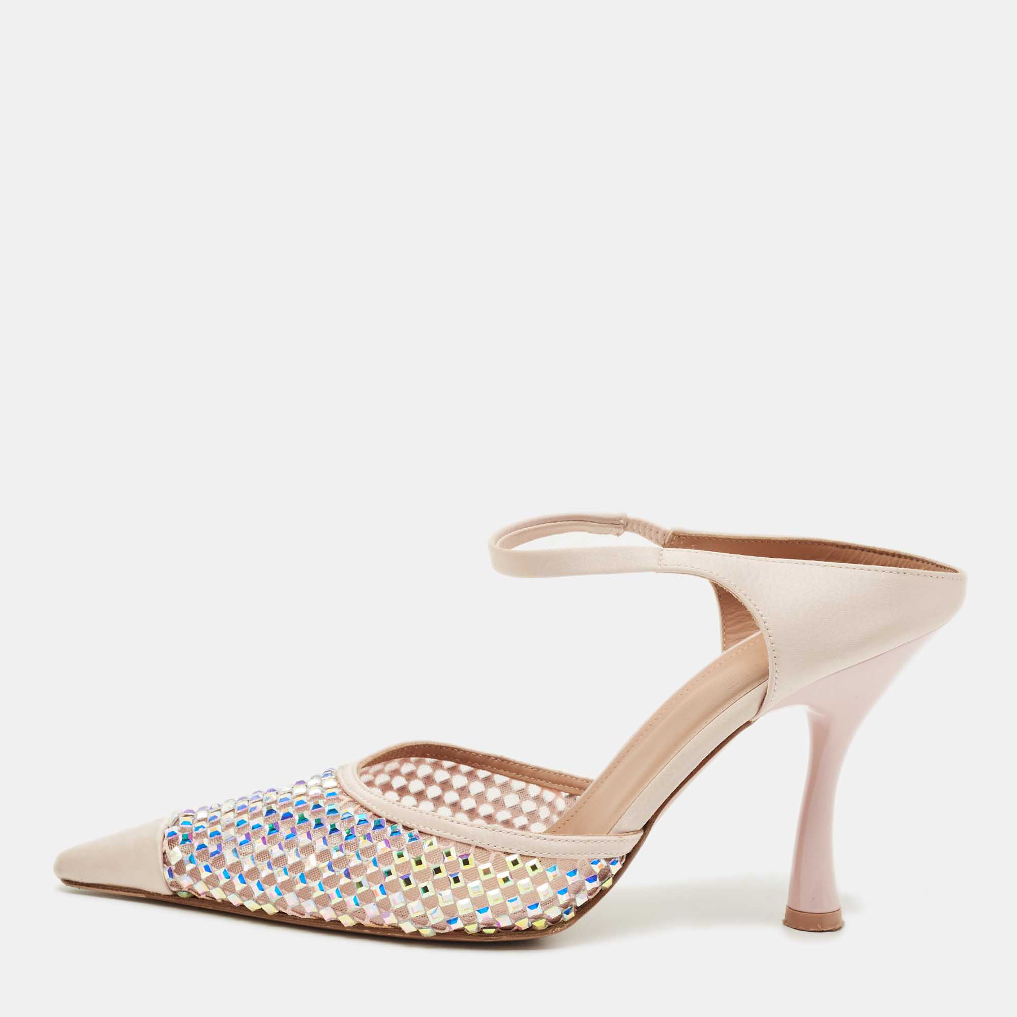 Pre-owned Malone Souliers Pink Mesh And Satin Crystal Embellished Vega Mules Size 40
