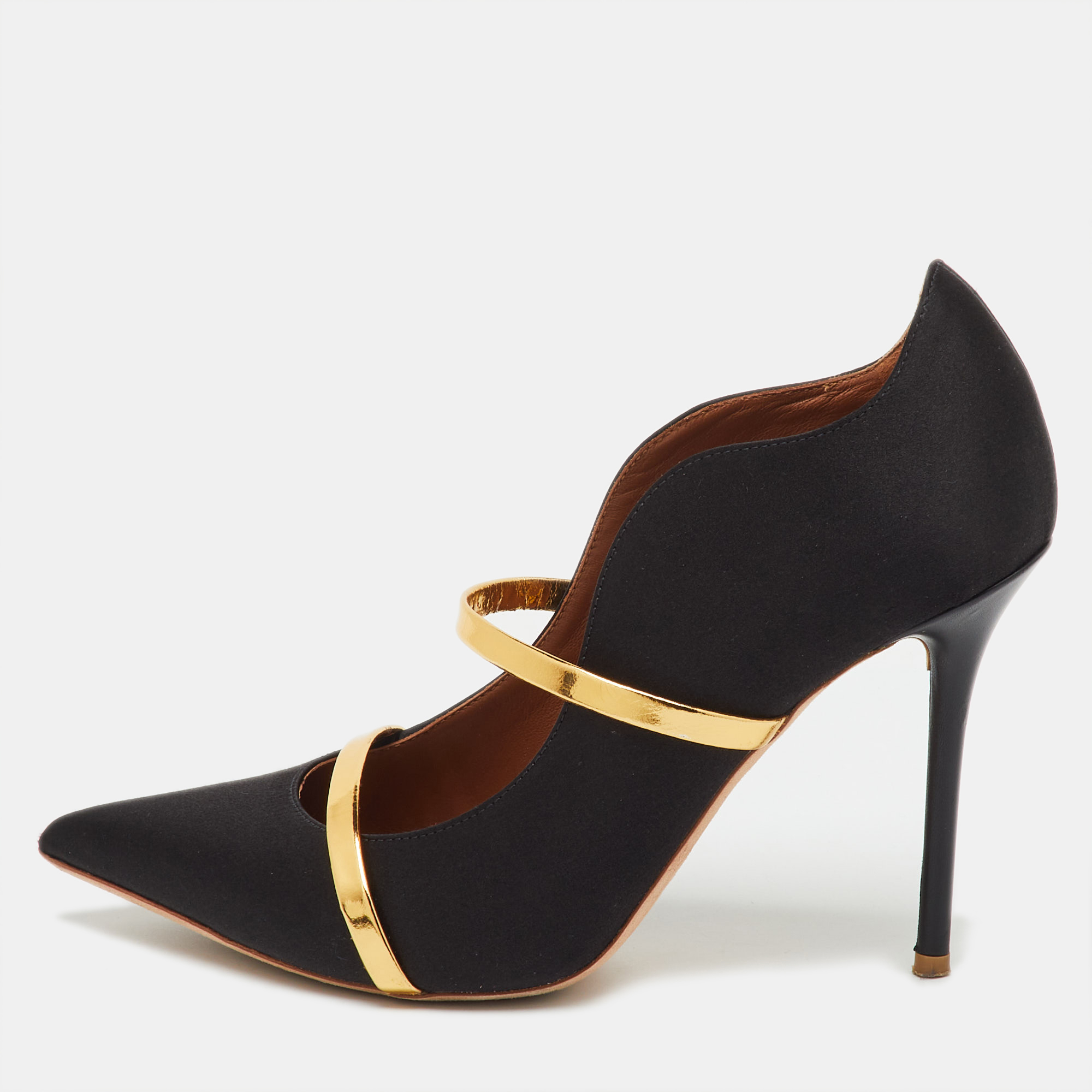 Pre-owned Malone Souliers Black/gold Satin And Leather Maureen Flat Mules Size 39