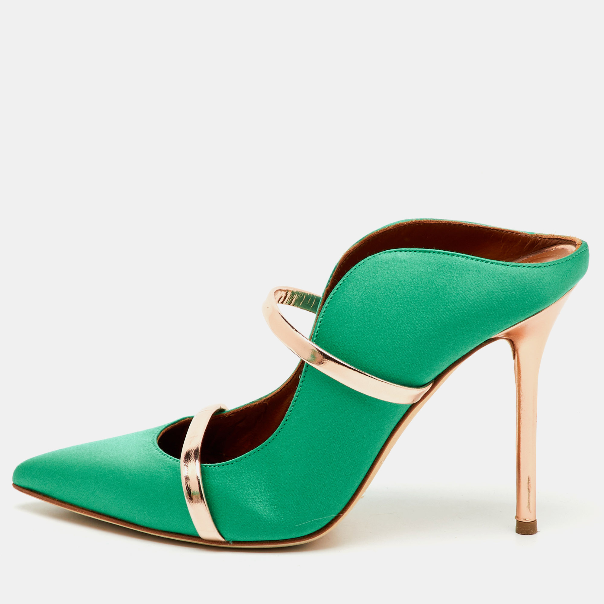 Pre-owned Malone Souliers Green/rose Gold Satin And Leather Maureen Pointed Toe Mules Size 38.5