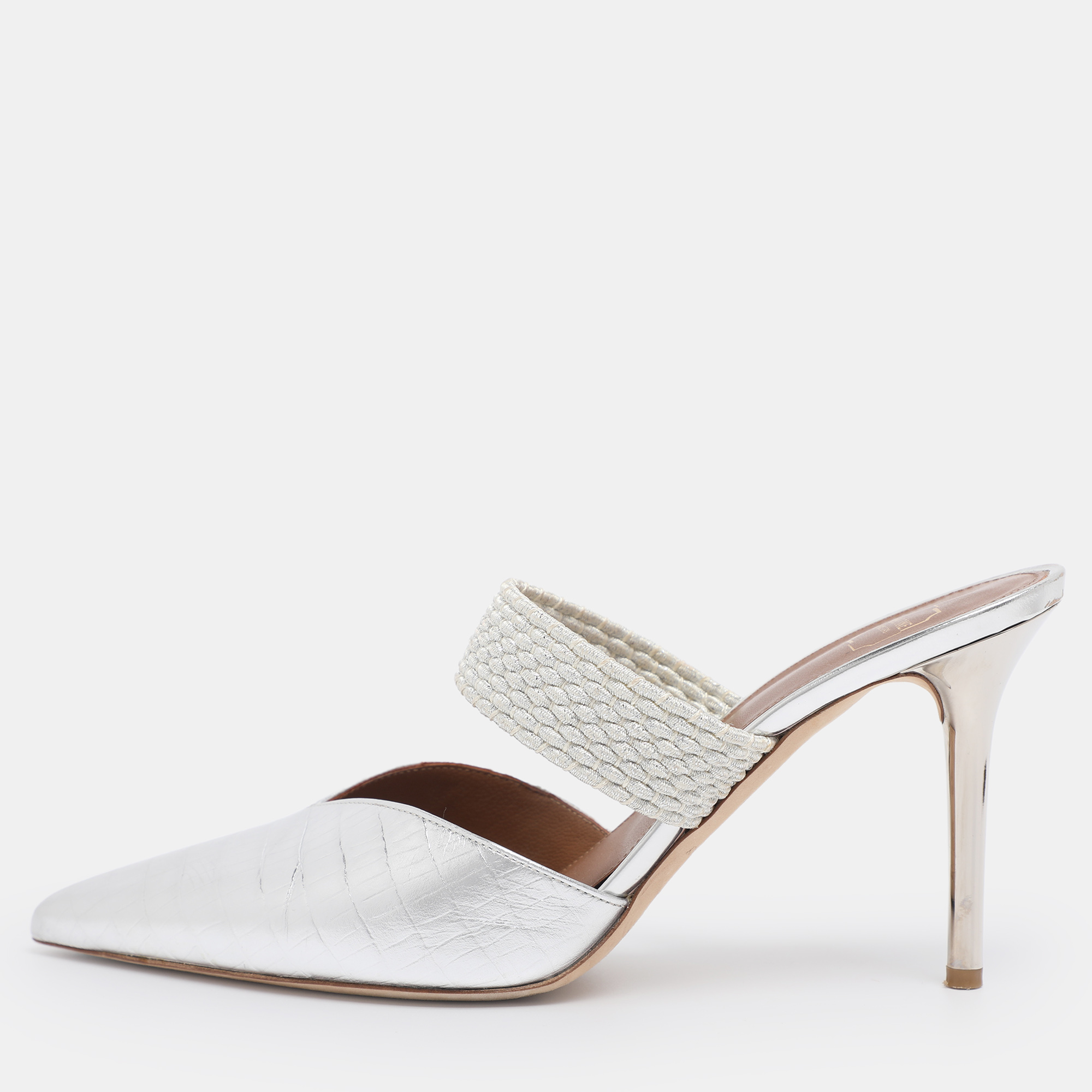 Pre-owned Malone Souliers Silver Lizard Embossed Leather Maisie Mules Size 39