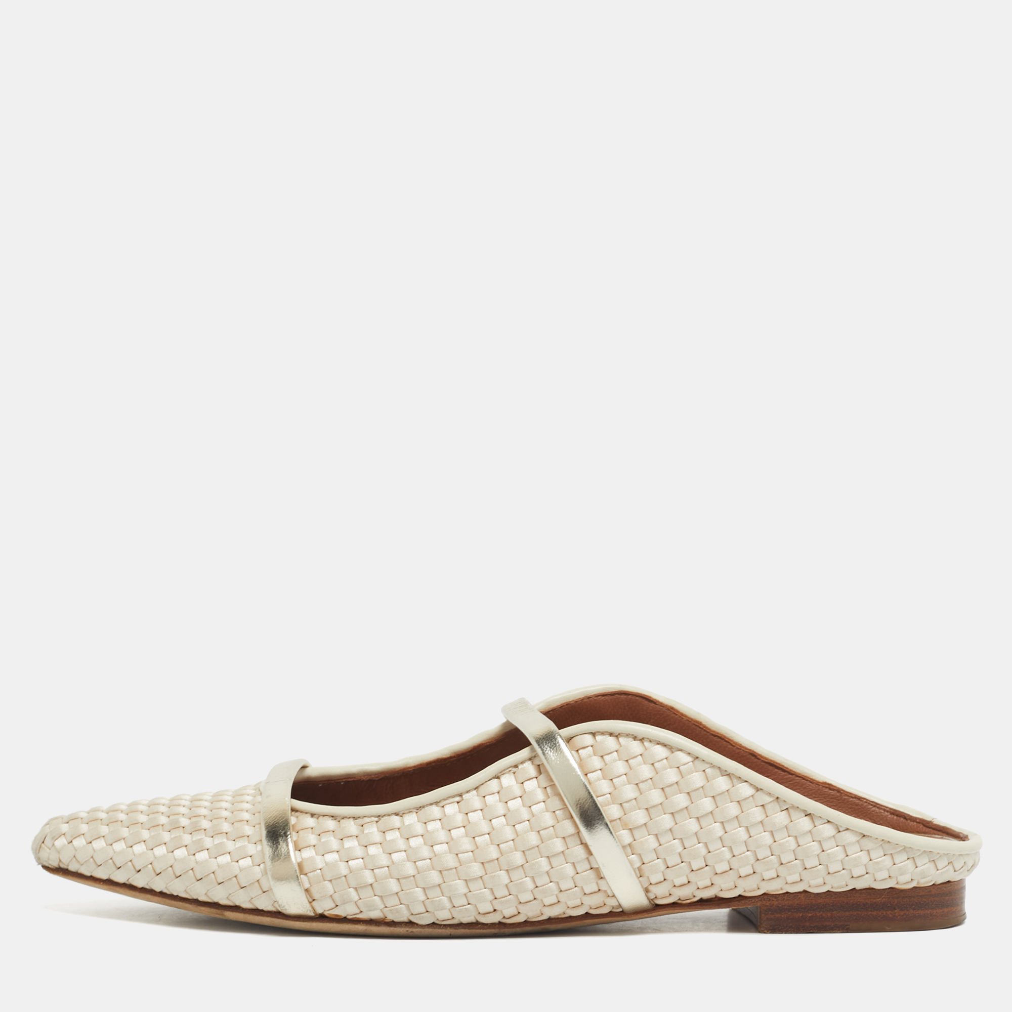 Pre-owned Malone Souliers Cream/gold Woven Satin And Leather Maureen Flat Mules Size 37.5 In White
