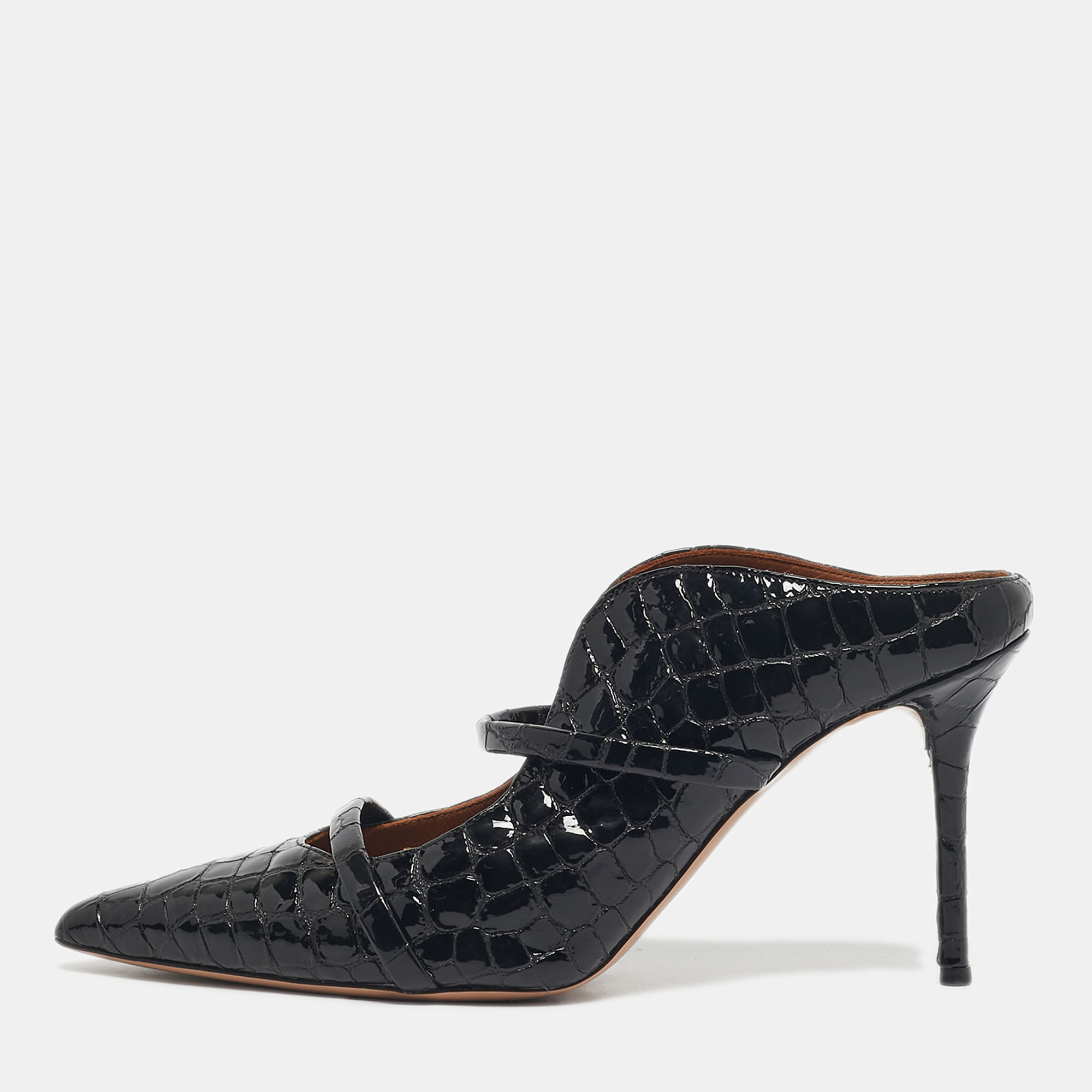 Pre-owned Malone Souliers Black Croc Embossed Patent Leather Maureen Mules Size 40