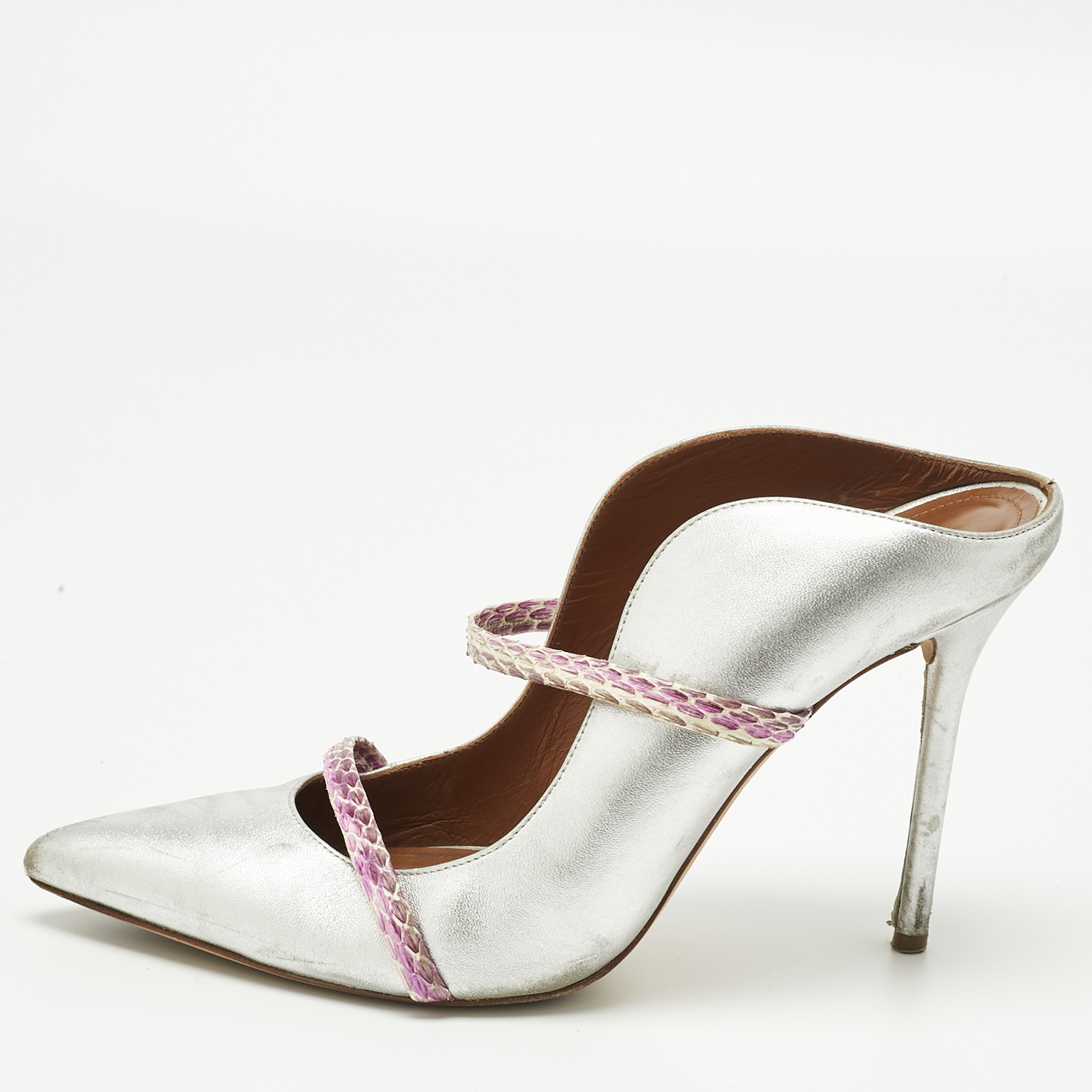 Pre-owned Malone Souliers Silver/purple Leather And Python Leather Maureen Mules Size 40