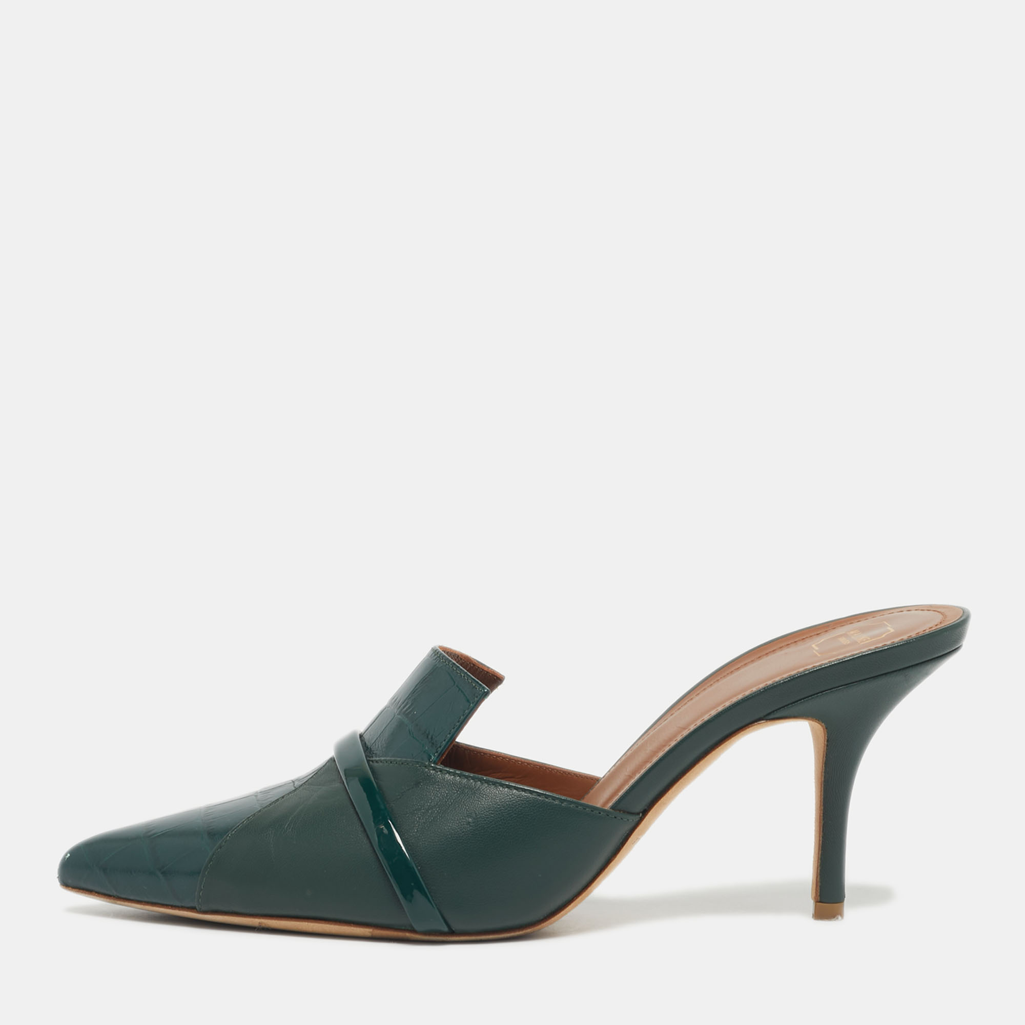 Pre-owned Malone Souliers Green Croc Embossed Leather And Leather Pointed Toe Mules Size 39