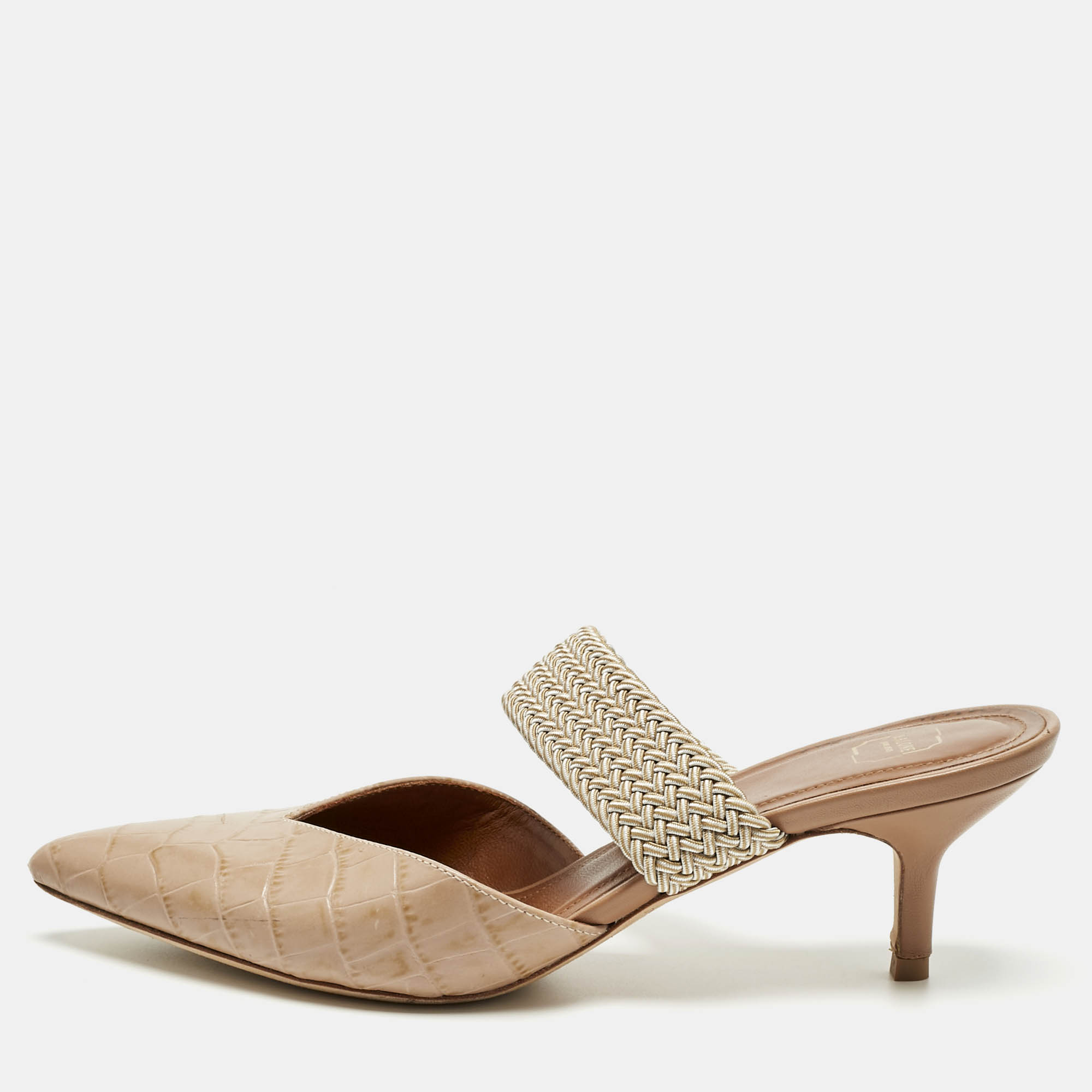 Pre-owned Malone Souliers Beige Croc Embossed Leather Maisie Mules Size 37.5 In Sand