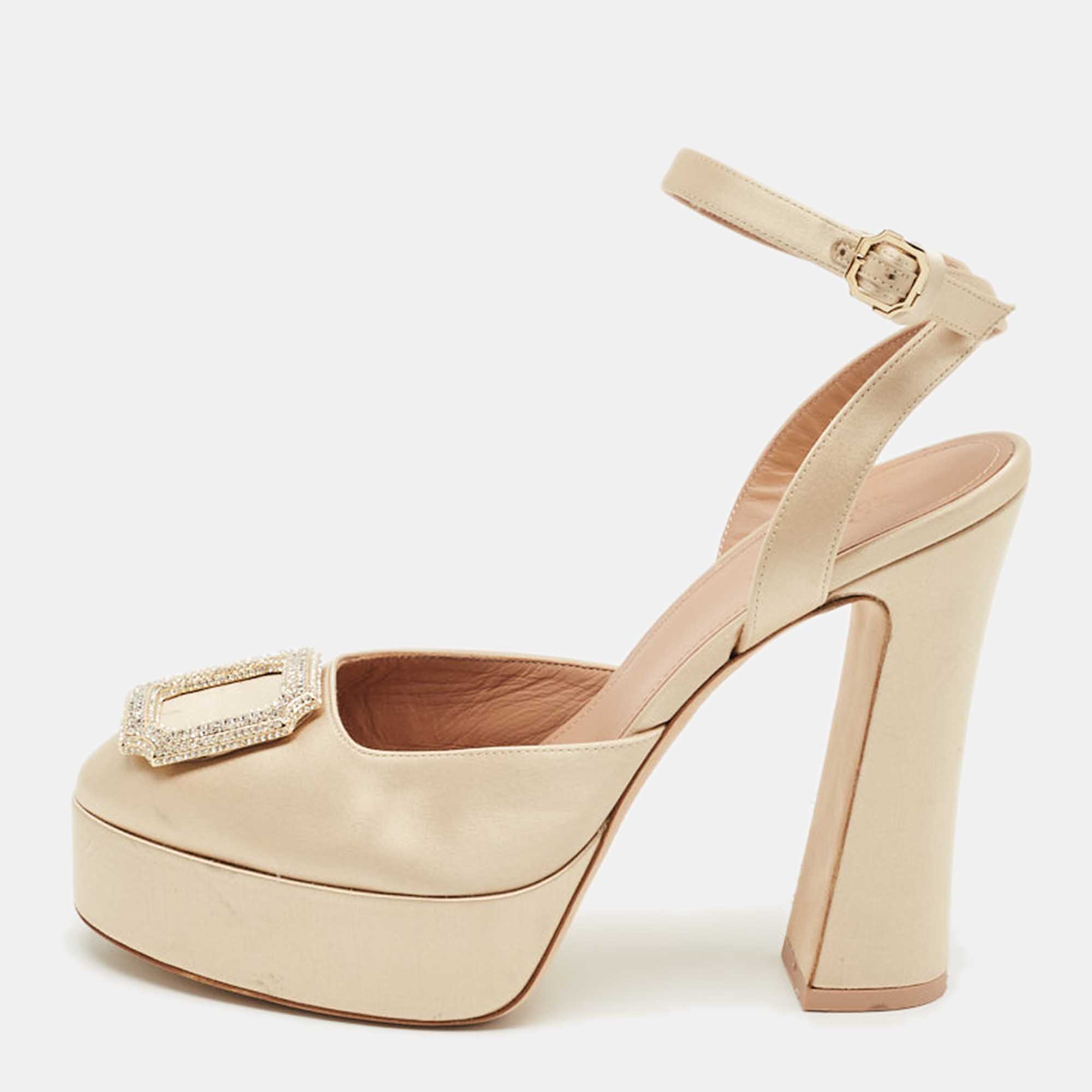 Malone Souliers Beige Satin Teese Platform Ankle Wrap Pumps Size 39