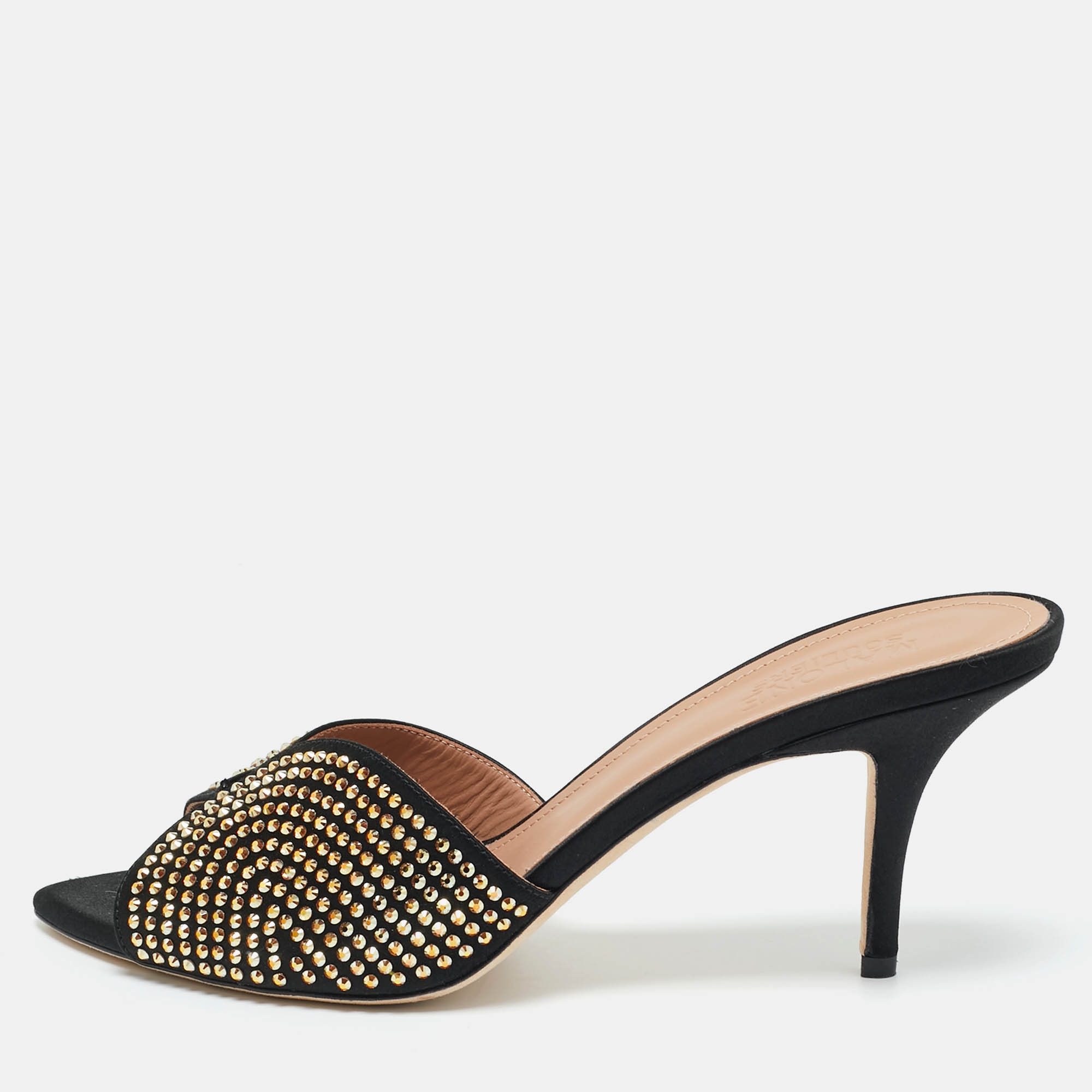 

Malone Souliers Black Satin Crystal Embellished Grazia Sandals Size