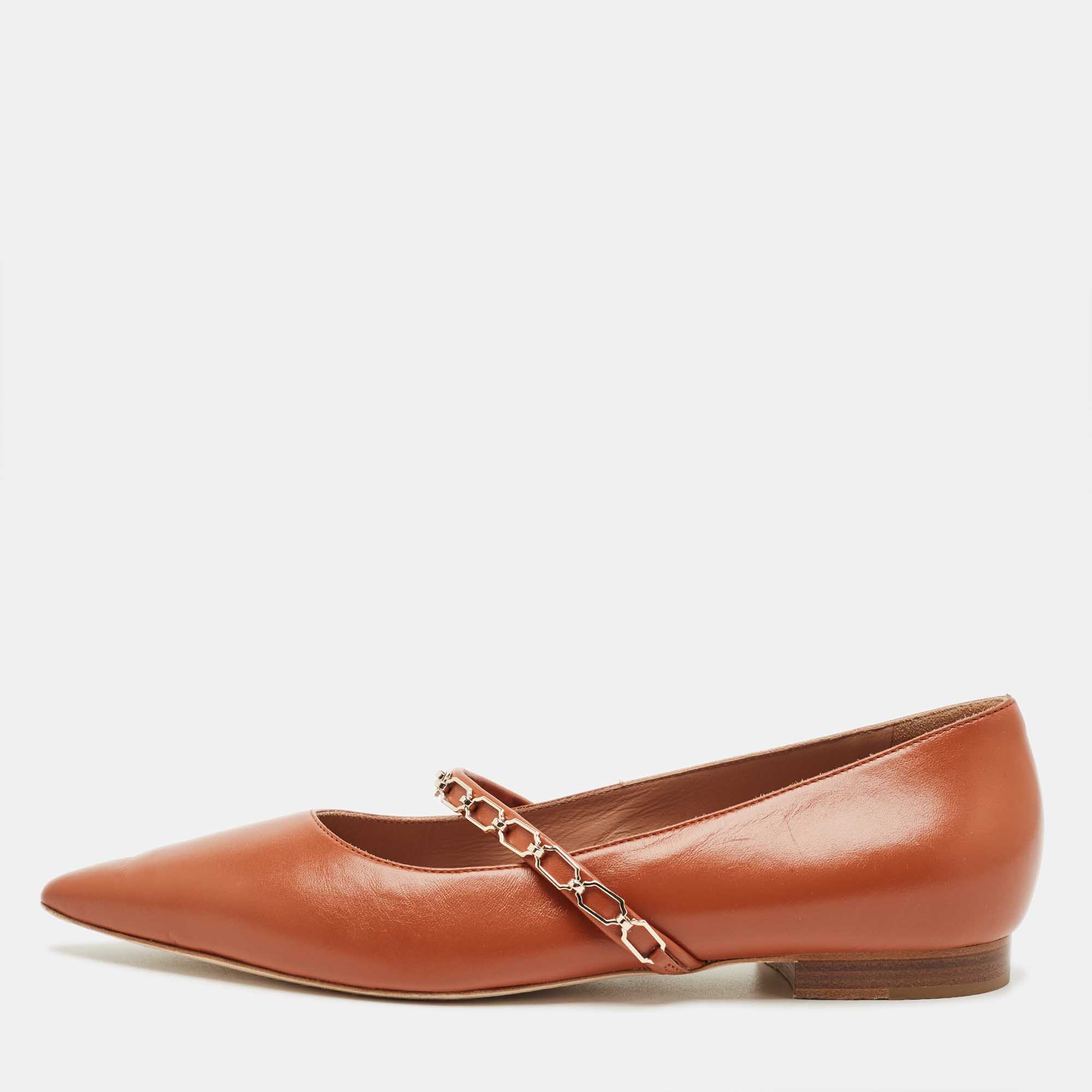 Pre-owned Malone Souliers Brown Leather Virna Chain Detail Mary Jane Ballet Flats Size 39