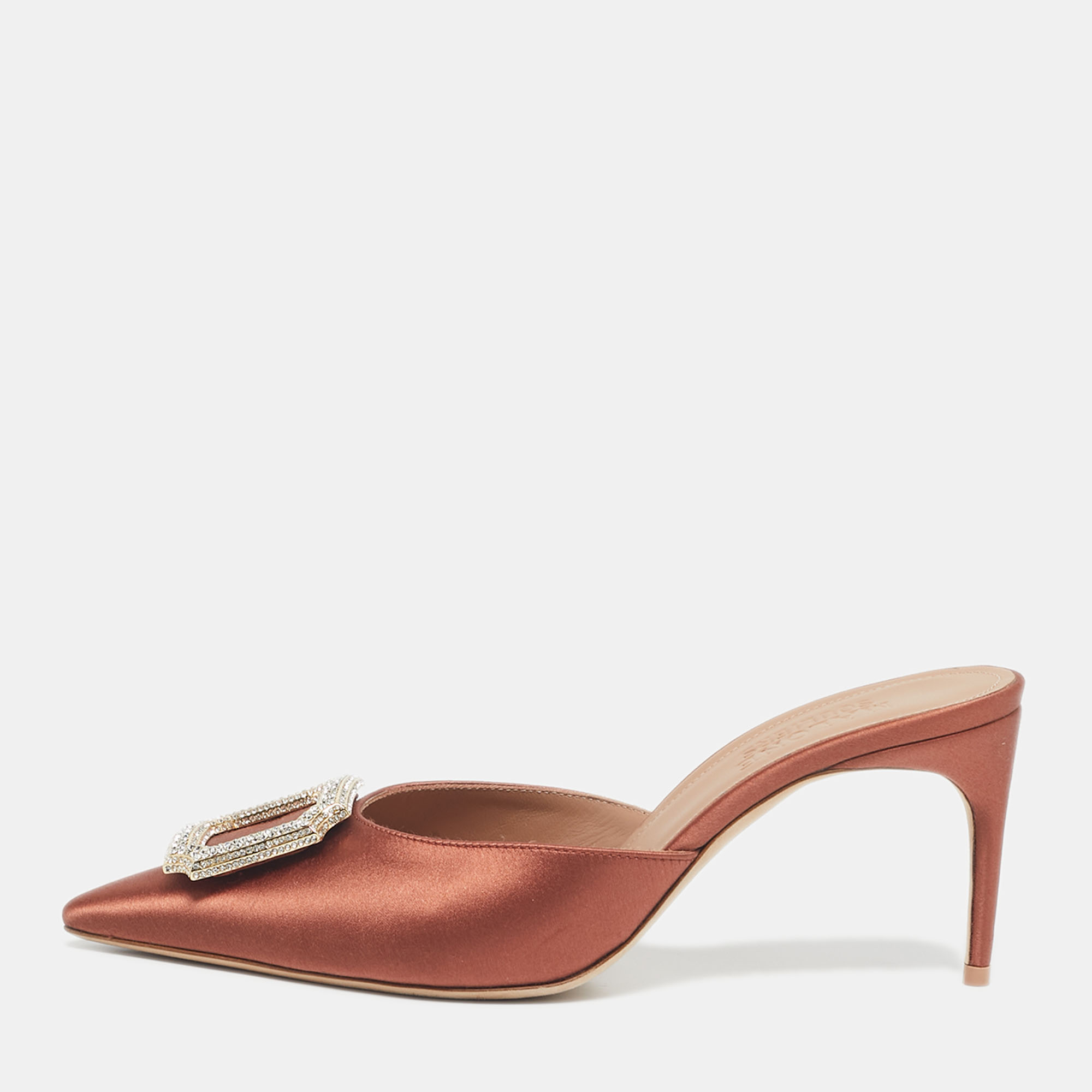 

Malone Souliers Rose Gold Satin Mona 70 Crystal Embellished Mules Size