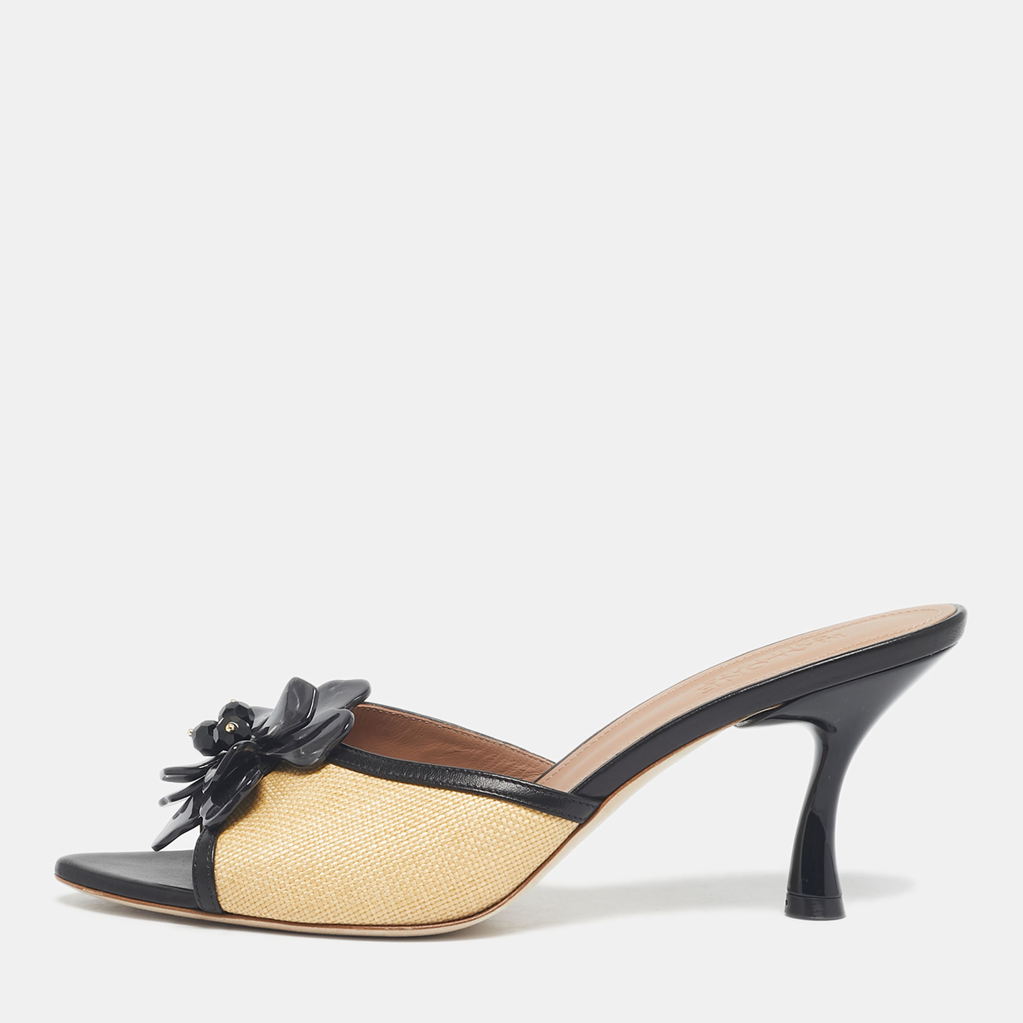 

Malone Souliers Beige/Black Raffia and Leather Cyd Sandals Size