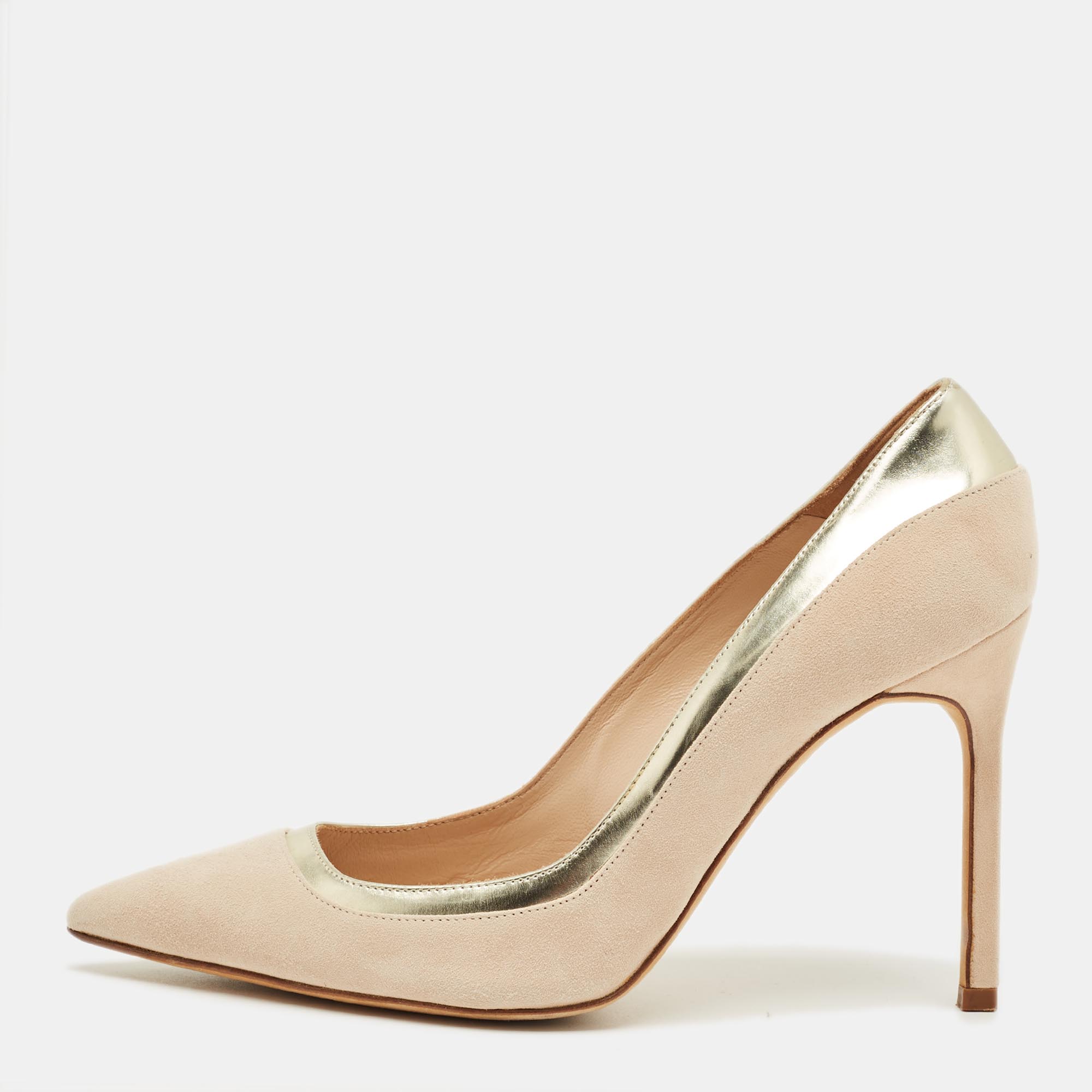 Pre-owned Malone Souliers Cream/gold Patent Leather And Suede Pointed Toe Pumps Size 36 In White