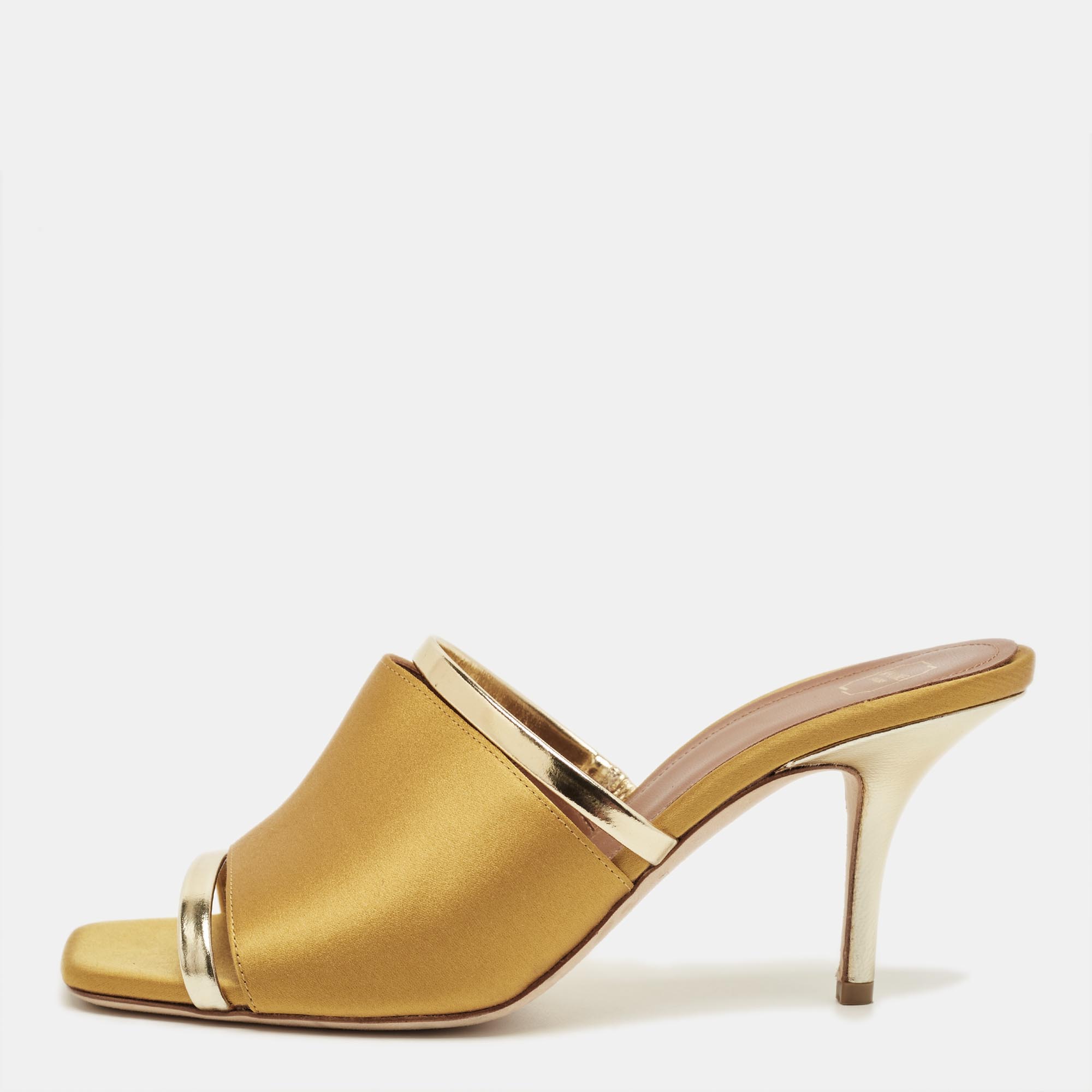 Pre-owned Malone Souliers Mastard/gold Leather And Satin Laney Slide Sandals Size 38 In Yellow