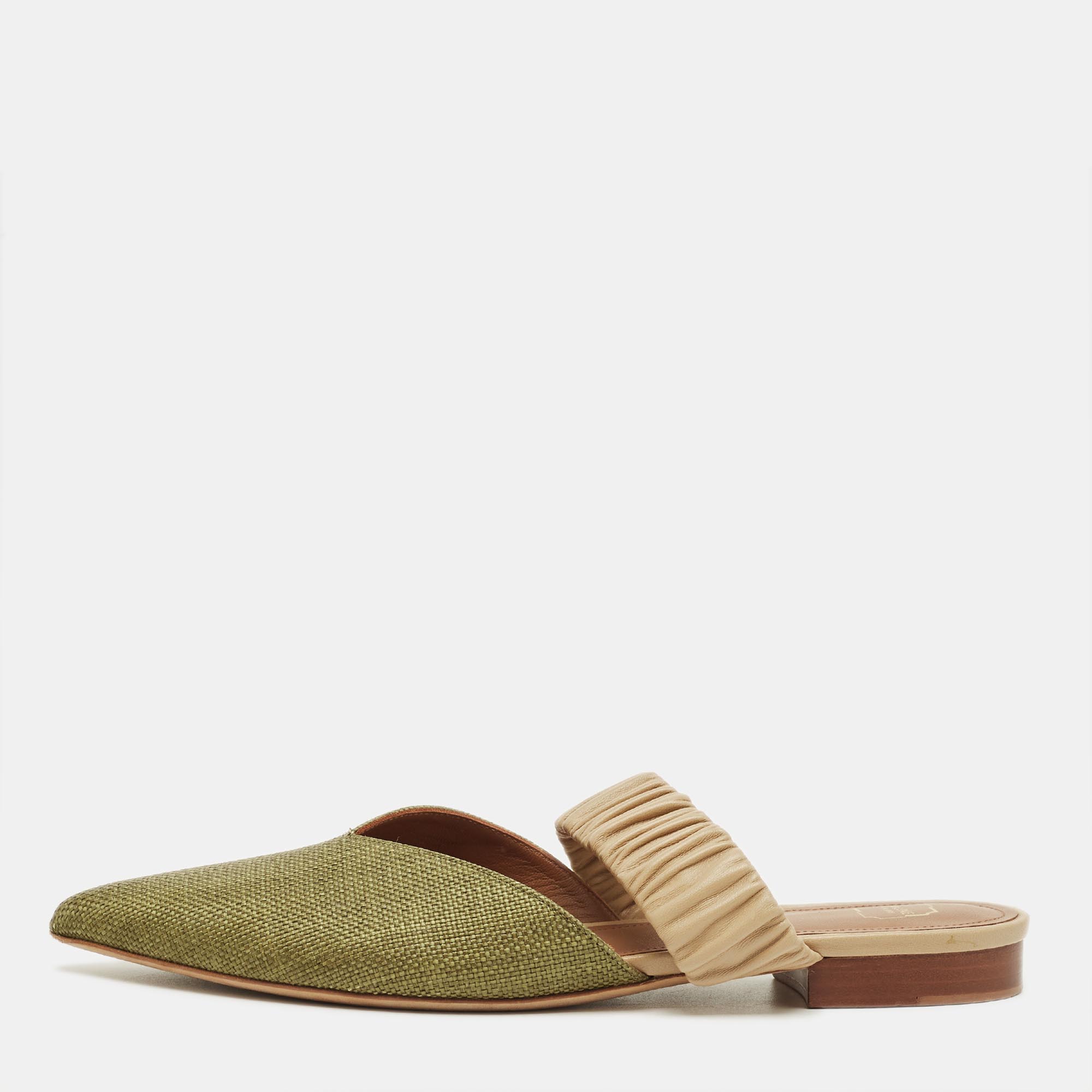 Pre-owned Malone Souliers Green/beige Leather And Raffia Maisie Mules Size 39.5