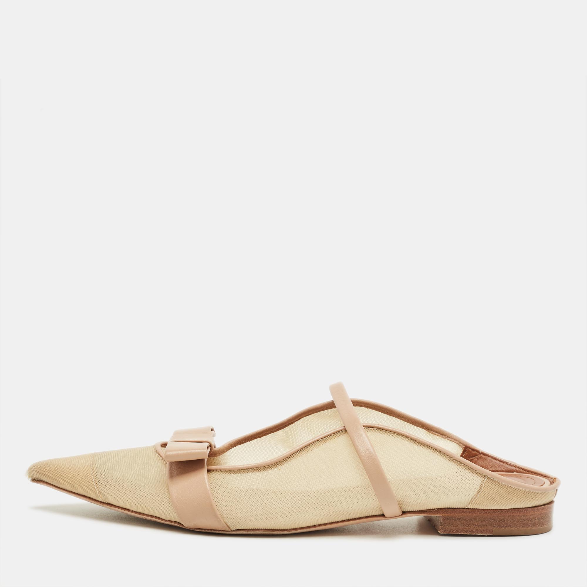Pre-owned Malone Souliers Beige/cream Mesh And Leather Maureen Pointed Toe Flat Mules Size 38 In Sand