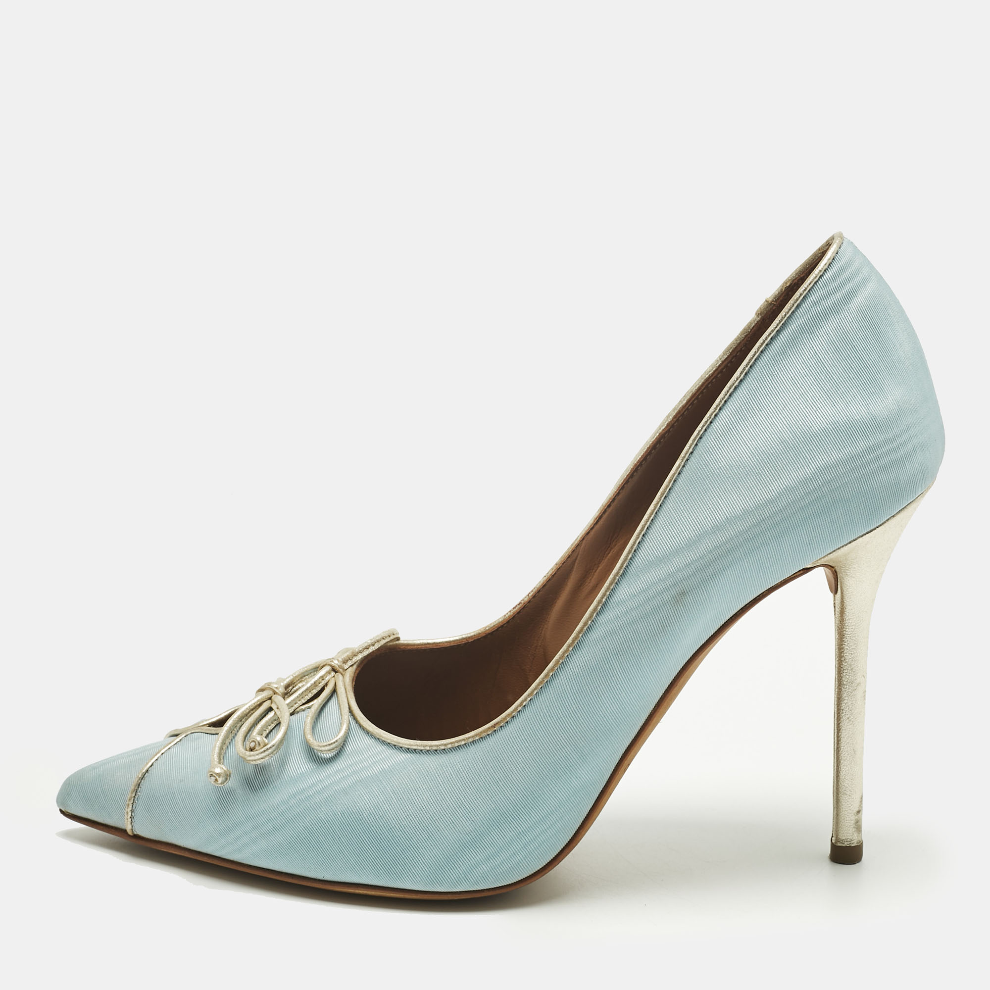 Pre-owned Malone Souliers Blue Canvas Double Bow Pointed Toe Pumps Size 38