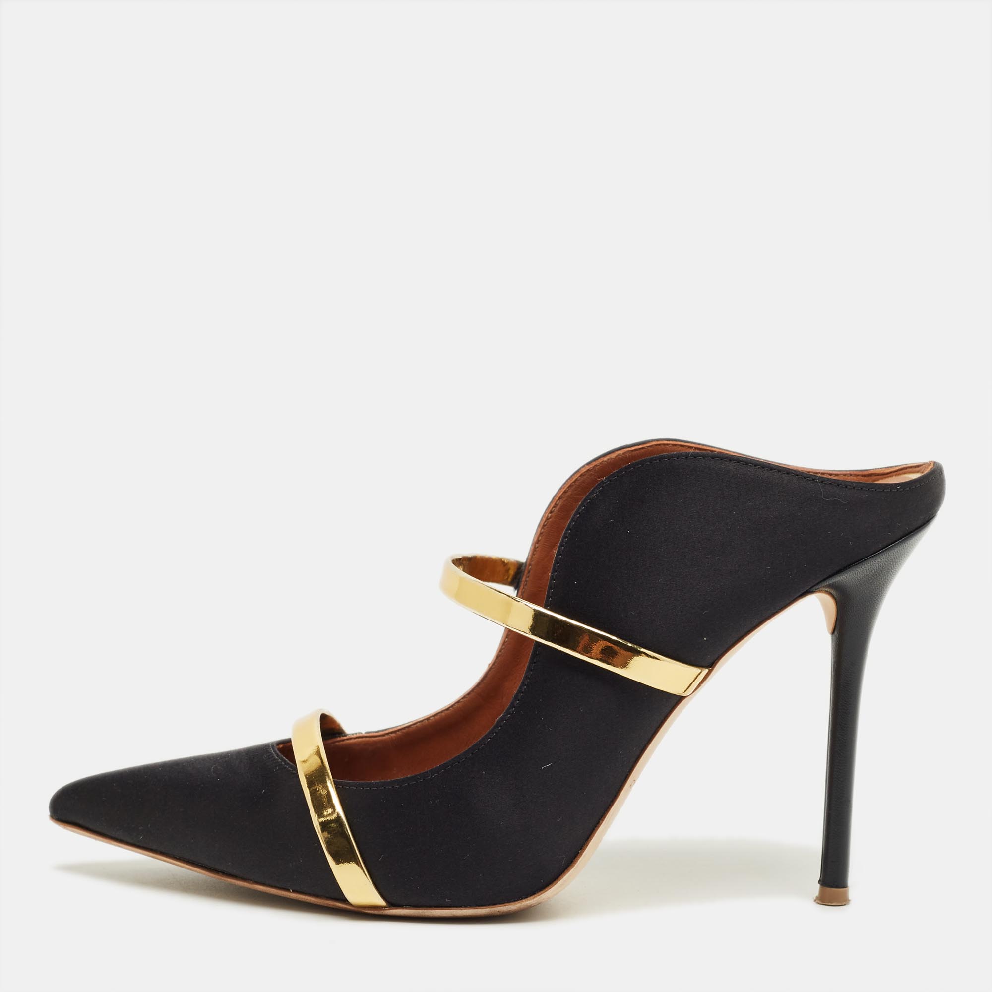 Pre-owned Malone Souliers Black/gold Leather And Satin Maureen Mules Size 40