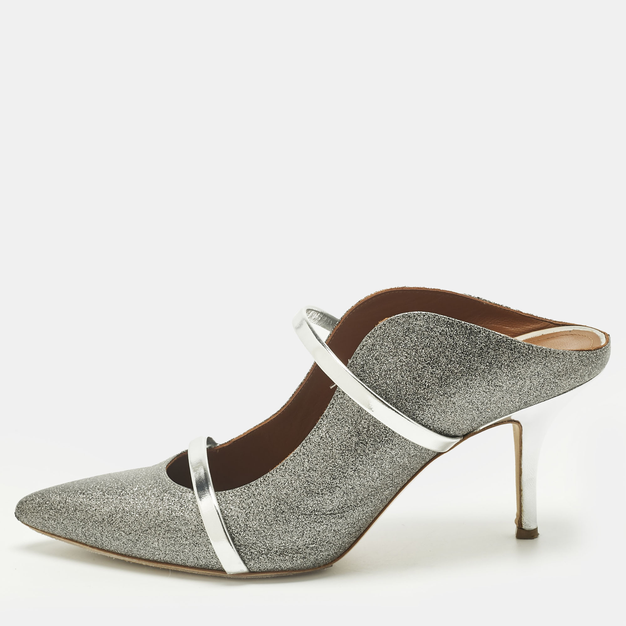 

Malone Souliers Metallic Silver Glitter and Leather Maureen Sandals Size