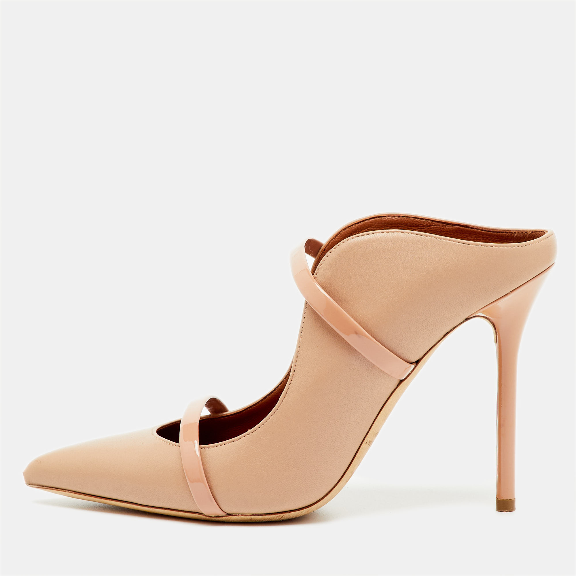 Pre-owned Malone Souliers Beige Leather And Patent Leather Pointed Toe Maureen Mules Size 38 In Sand