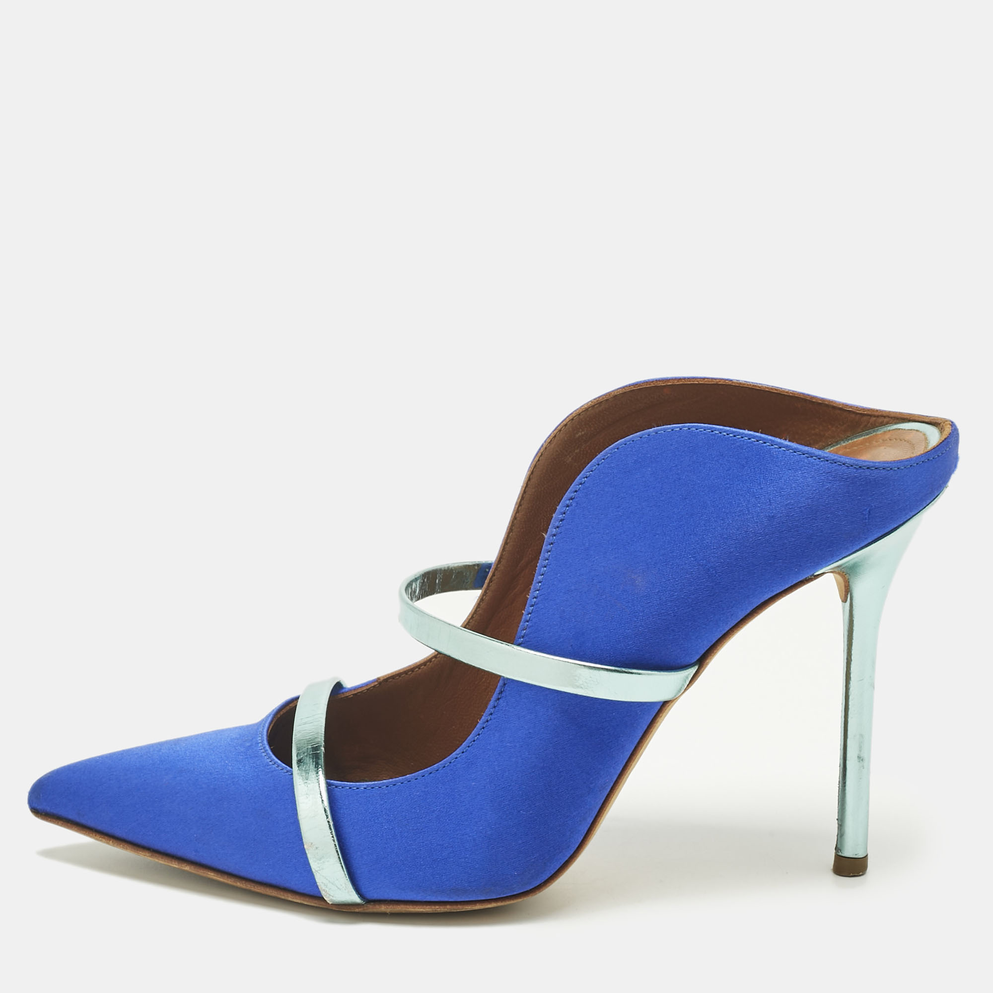 Pre-owned Malone Souliers Blue/green Leather And Satin Maureen Mules Size 38.5