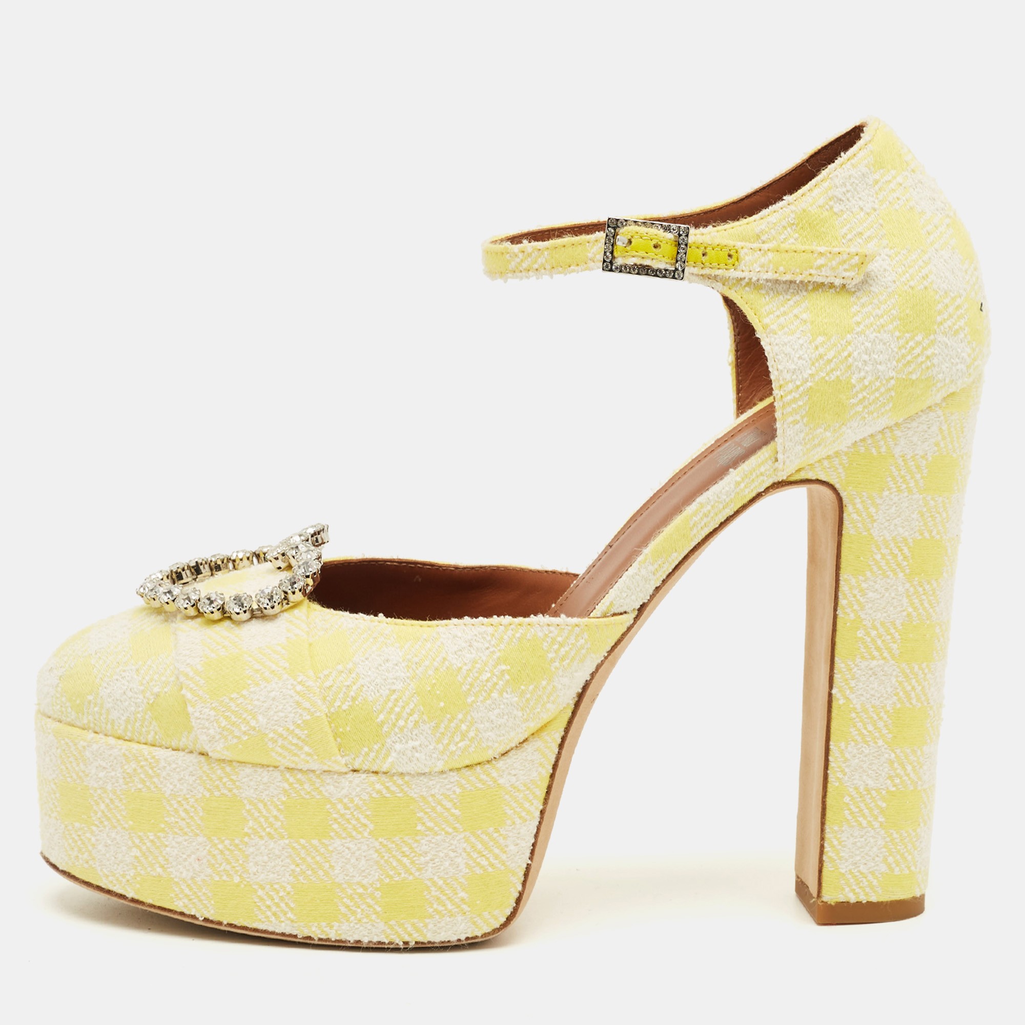 

Malone Souliers Yellow/White Fabric Crystal Embellished Platform Pumps Size