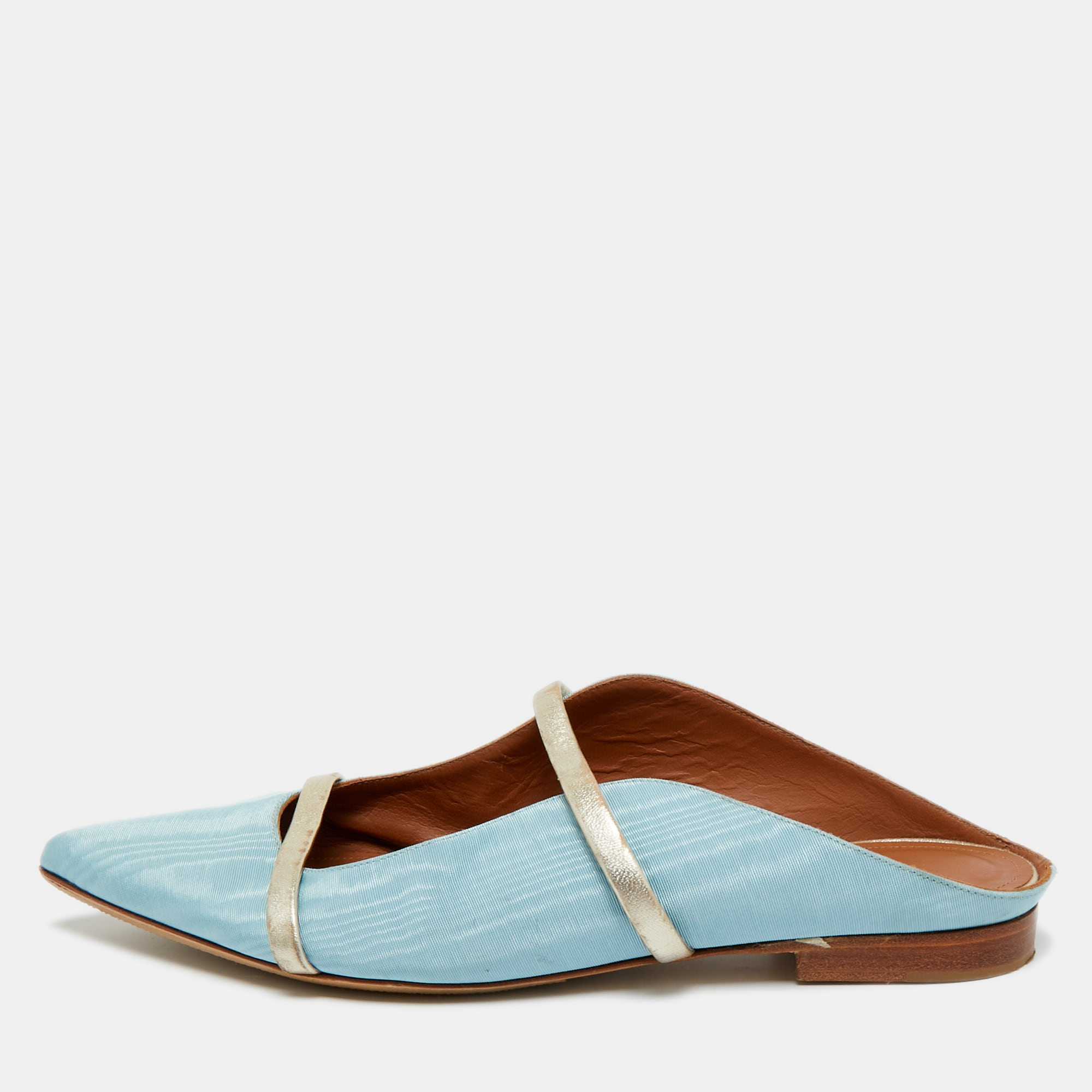 Pre-owned Malone Souliers Blue/gold Canvas And Leather Maureen Flat Mules Size 39