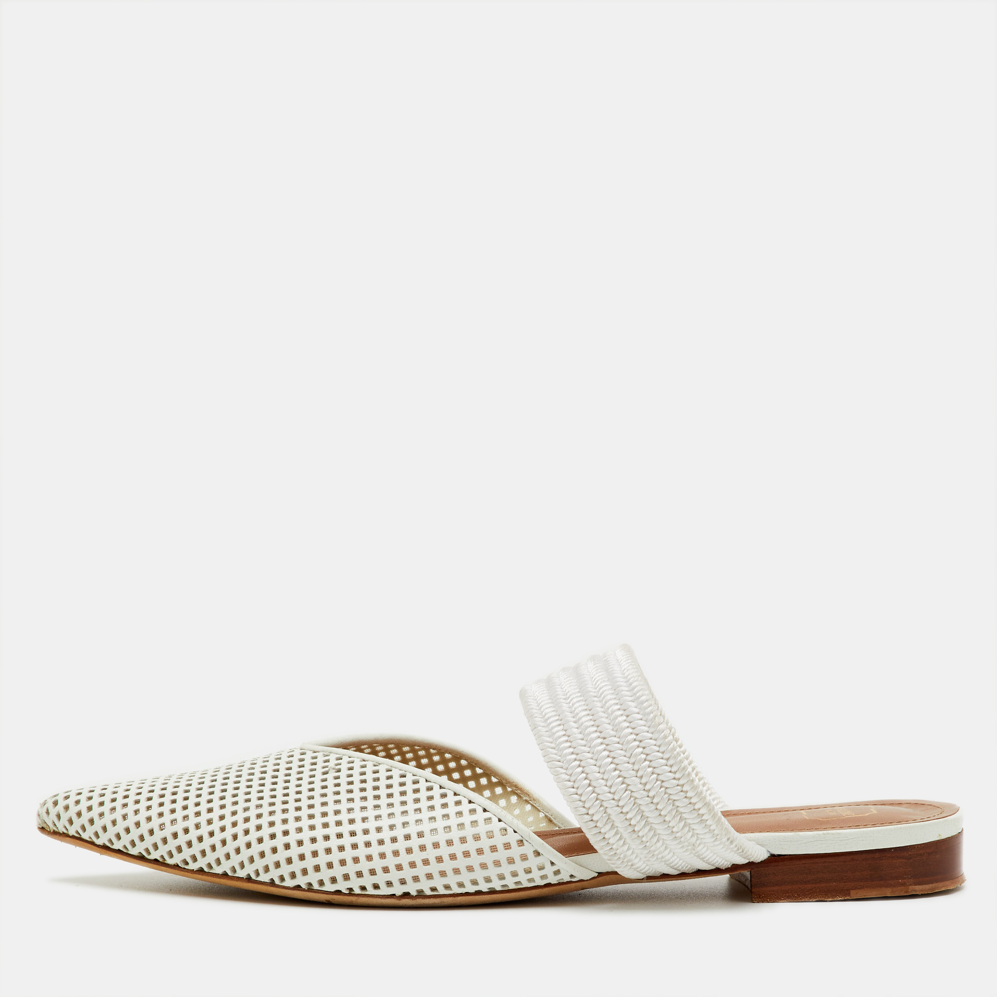 Pre-owned Malone Souliers White Perforated Leather And Maisie Cord Pointed Toe Mules Size 40.5