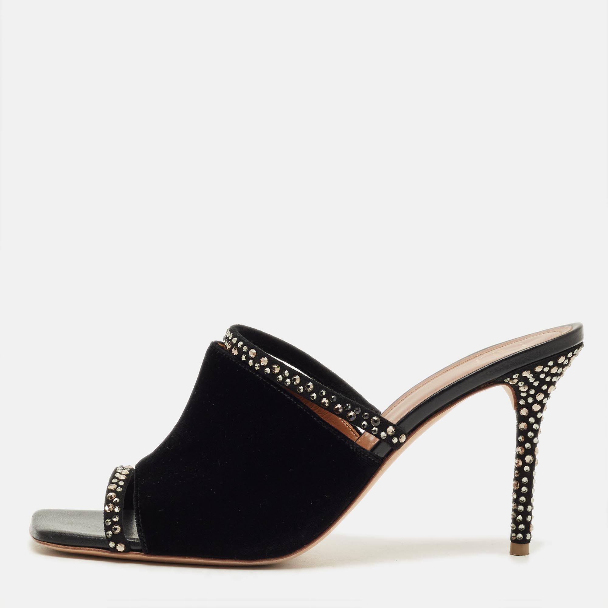 Pre-owned Malone Souliers Laney Size 40.5 Black Suede And Velvet Crystal Embellished Slide Sandals