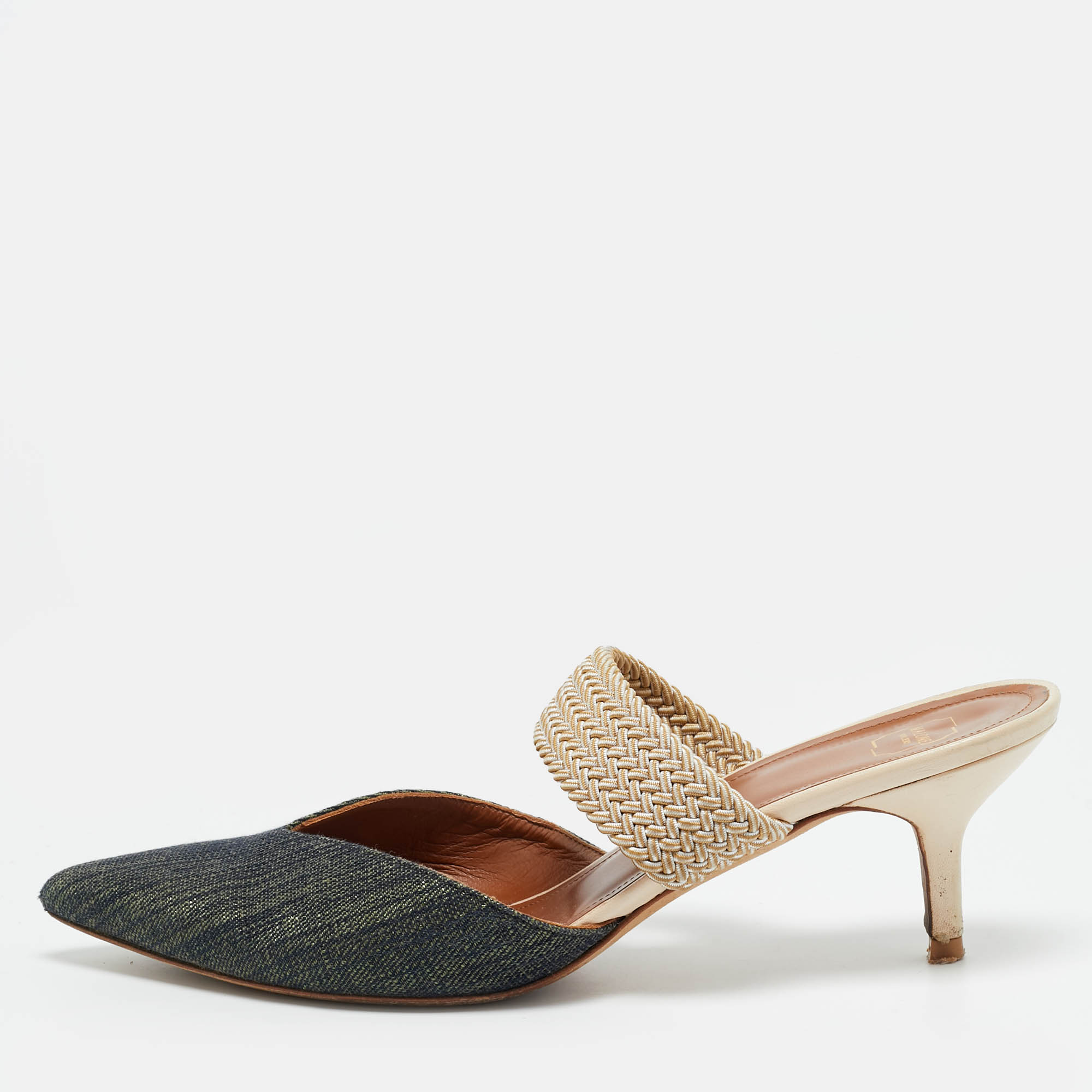 

Malone Souliers Maisie Size  Cream/Blue Leather and Raffia Mules