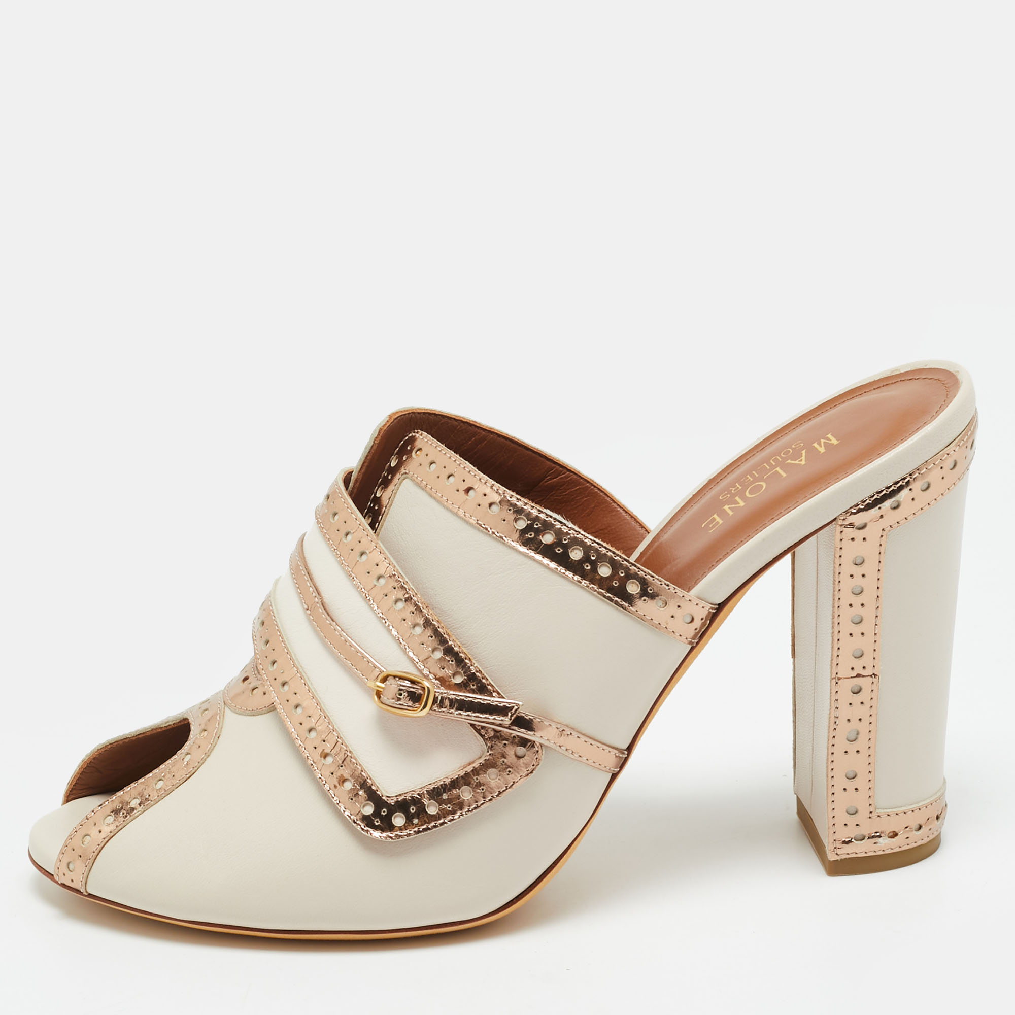 

Malone Souliers Size  Cream/Gold Leather Peep Toe Mules