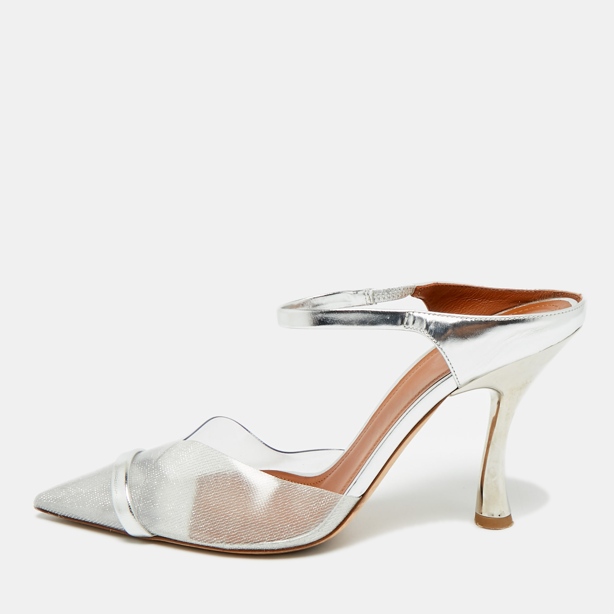 

Malone Souliers Iona Size  Silver PVC and Patent Leather Heel Mules