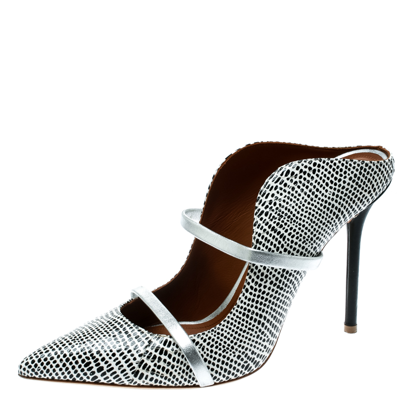 Pre Owned Malone Souliers Monochrome Printed Python Leather Moureen Pointed Toe Mules Size 39.5