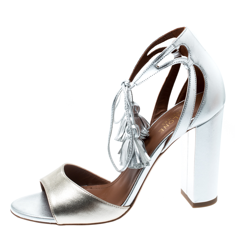 

Malone Souliers Metallic Silver/Gold Leather Gladys Ankle Tassel Wrap Open Toe Sandals Size