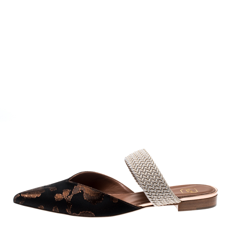 

Malone Souliers By Roy Luwolt Metallic Bronze/Navy Blue Jacquard Fabric Maisie Flat Pointed Toe Mules Size