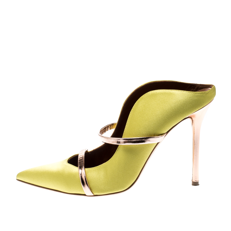 

Malone Souliers Lime Yellow Satin And Leather Trim Moureen Pointed Toe Mules Size