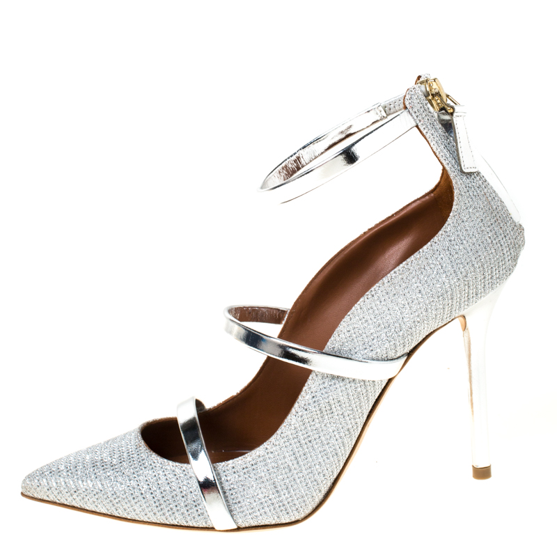 

Malone Souliers Silver Glitter Fabric and Patent Leather Robyn Ankle Strap Pumps Size