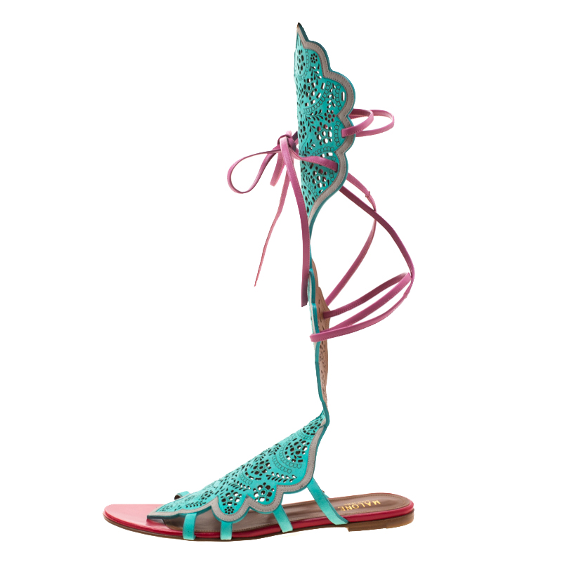 

Malone Souliers Mint Green/Pink Laser Cut Suede and Leather Ida Gladiator Flat Sandals Size