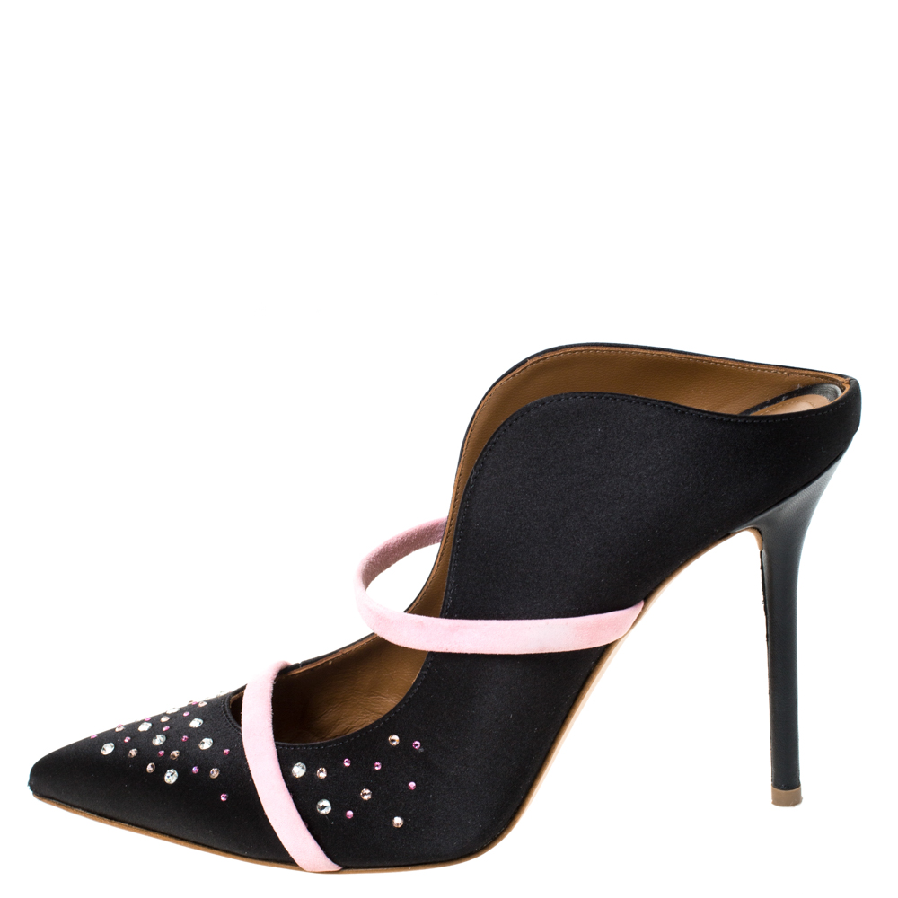

Malone Souliers Black/Pink Satin and Suede Crystal Maureen Mules Size