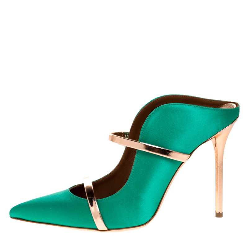 

Malone Souliers Green/Bronze Satin Maureen Pointed Toe Mules Size