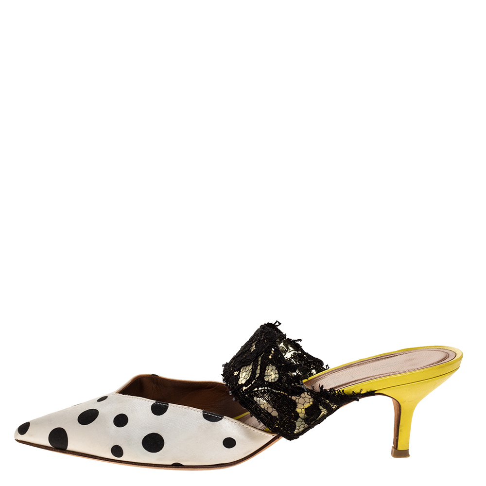 

Malone Souliers x Emanuel Ungaro White/Black Polka Dot Satin And Lace Maisie Pointed Toe Mules Size