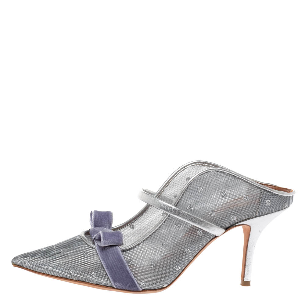 

Malone Souliers By Roy Luwolt Silver Mesh And Velvet Marguerite Bow Mules Size