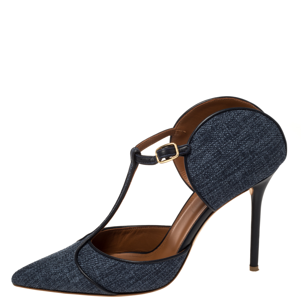 

Malone Souliers Blue Denim Fabric And Leather Trim Pointed Toe T Strap Mule Sandals Size