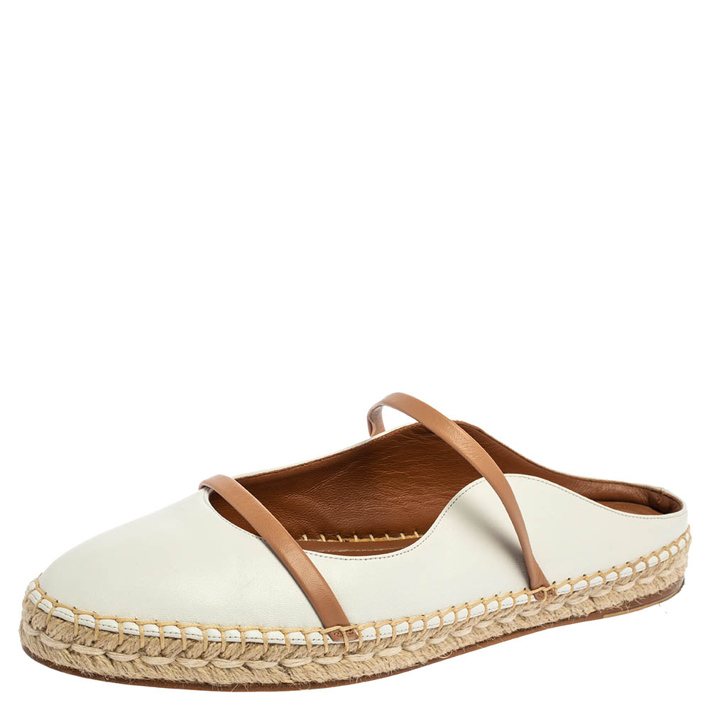 Pre Owned Malone Souliers White/Brown Leather Sienna Espadrille Mules Size 42
