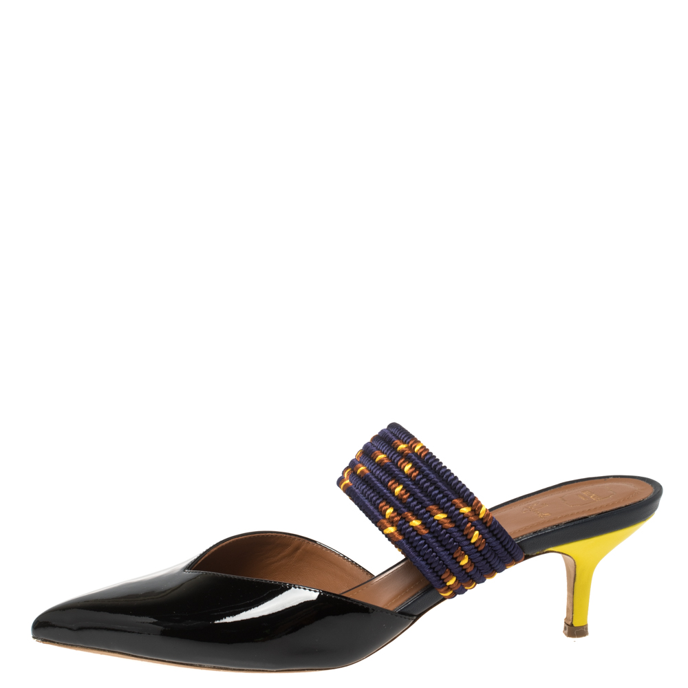 

Malone Souliers Black/Purple Patent Leather and Chord Maisie Kitten-Heel Sandals Size