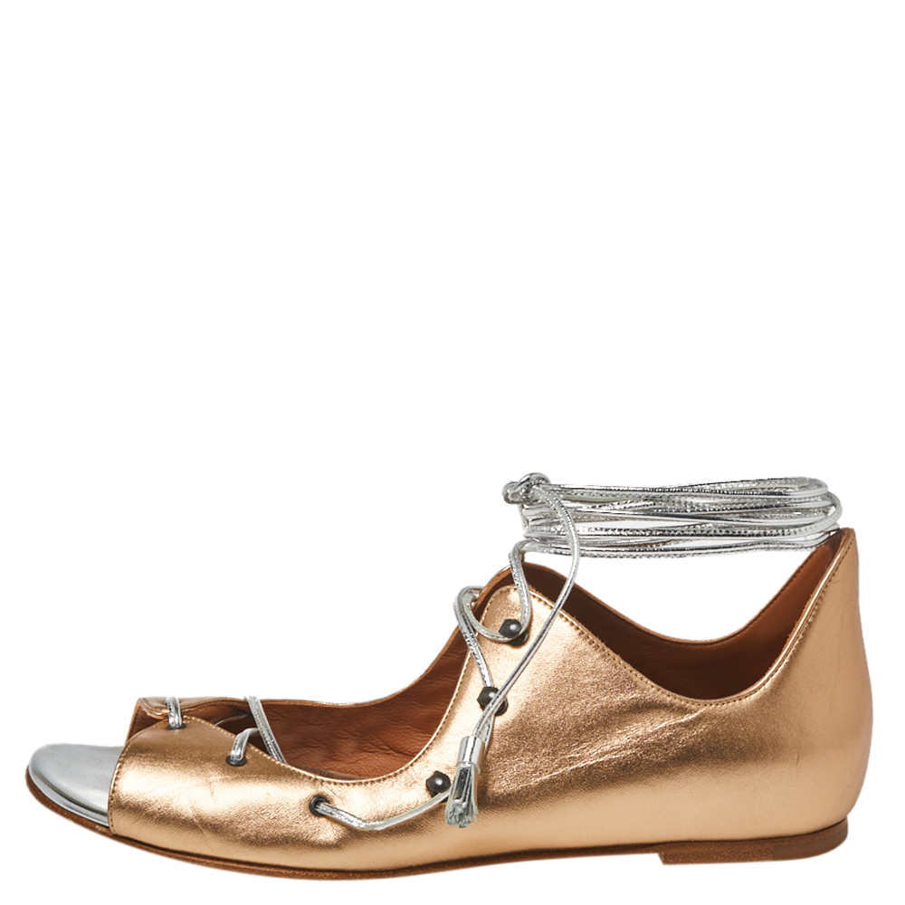 

Malone Souliers Metallic Beige Leather Savannah Ankle Wrap Flats Size