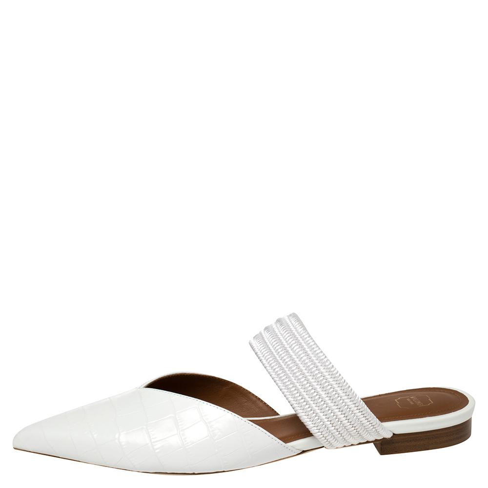 

Malone Souliers White Croc Embossed Leather and Canvas Maisie mule Flats Size