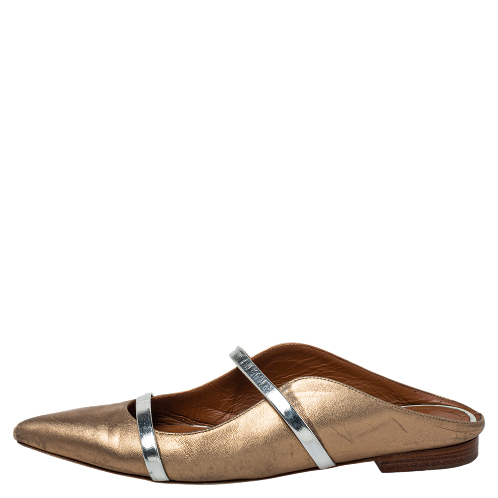 

Malone Souliers Sliver/Gold Leather Maureen Pointed Toe Flats Size