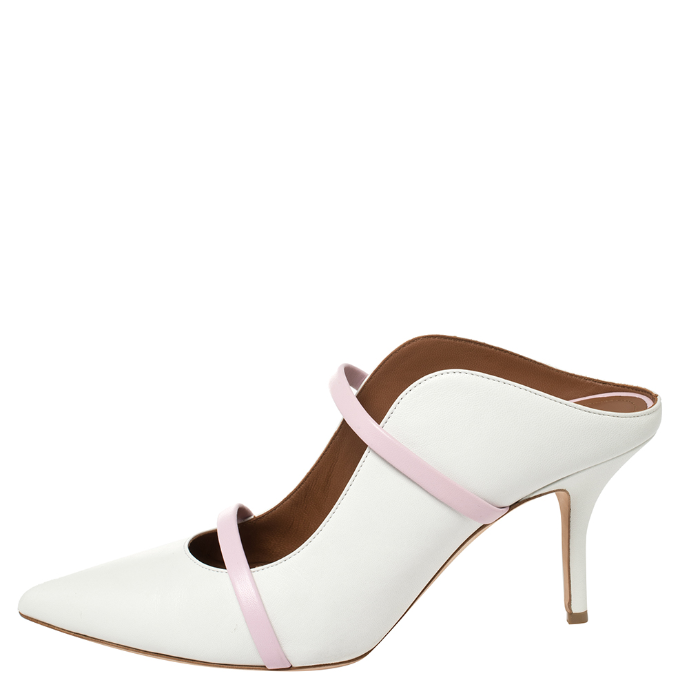 

Malone Souliers by Roy Luwolt White/Pink Leather Maureen Pointed Toe Mules Size